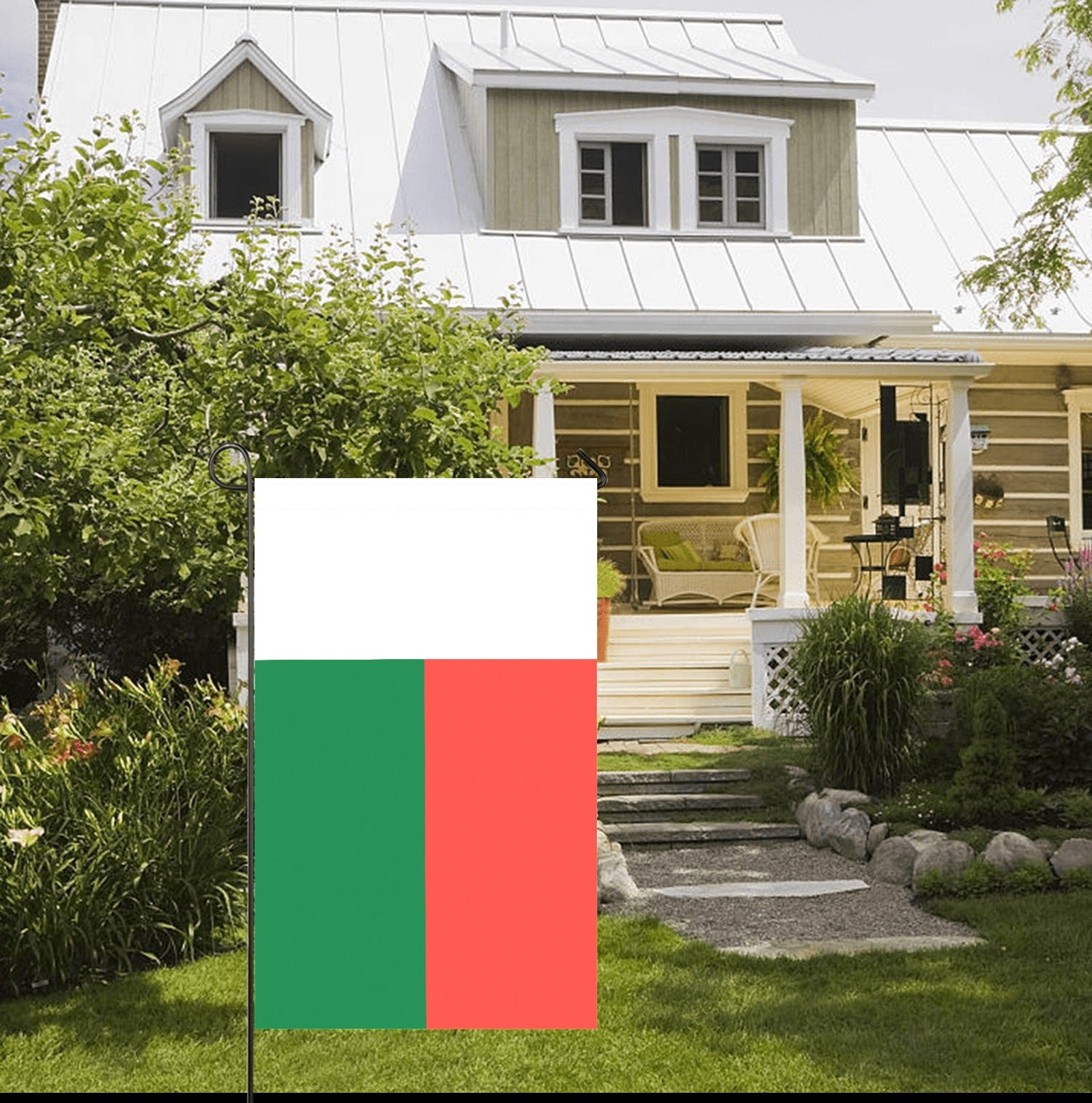 House front with Luv My Flag, red, green, white.