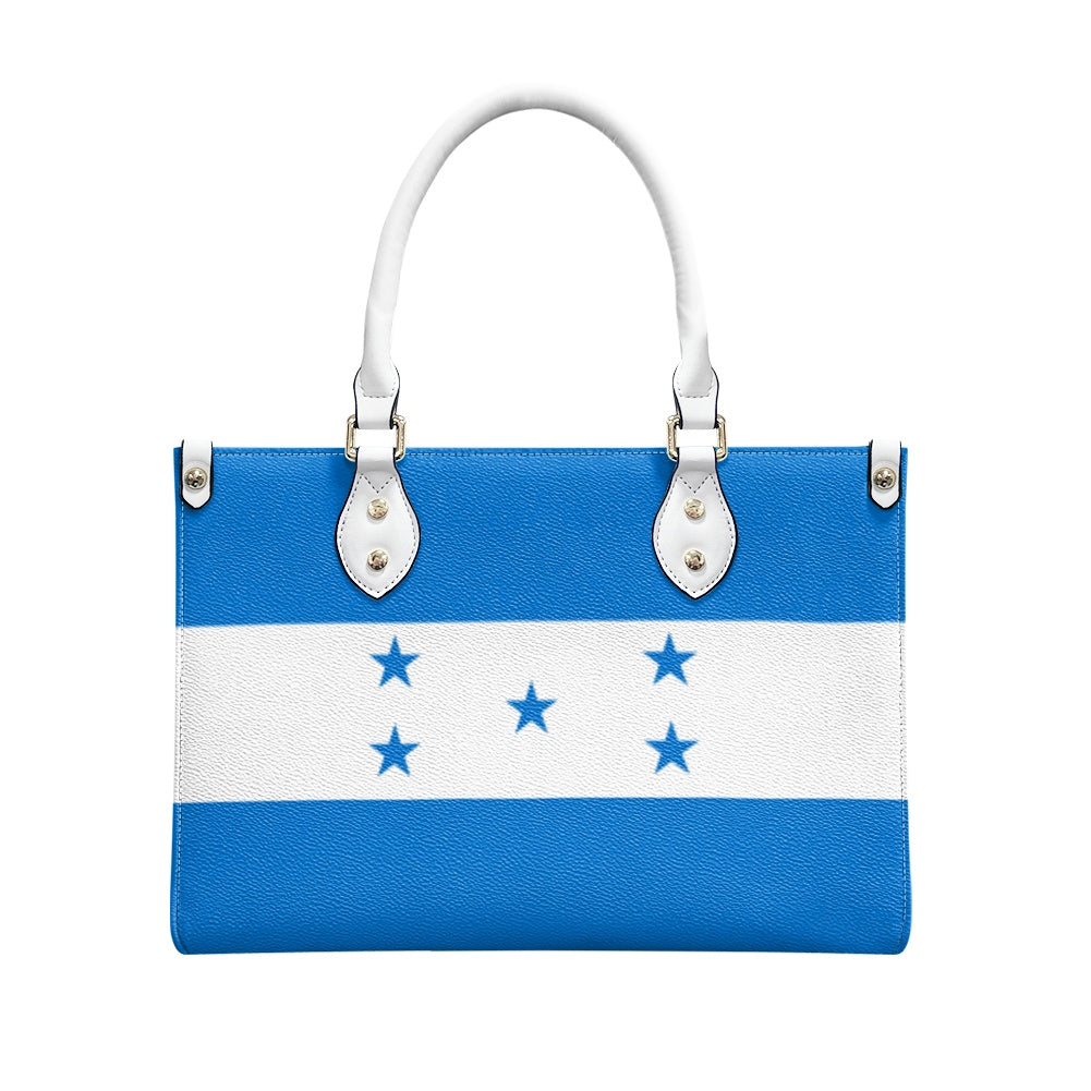 [Brand] handbag featuring design inspired by Honduras flag pattern.
