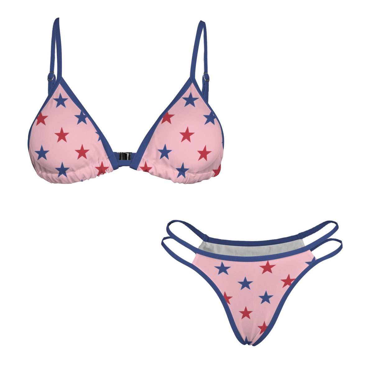 USA/American Flag Inspired Red and Blue Stars on Pink with Blue String Double-Strap Triangle Bikini Set