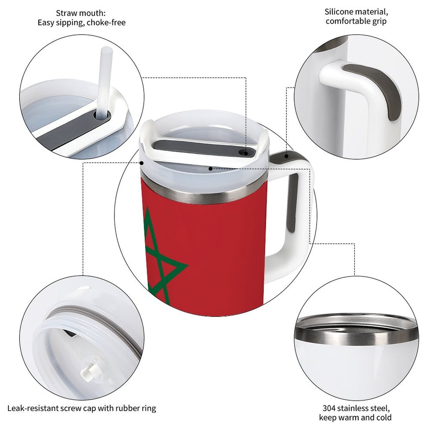 [Brand] red cup with silicone handle, straw, and cap.