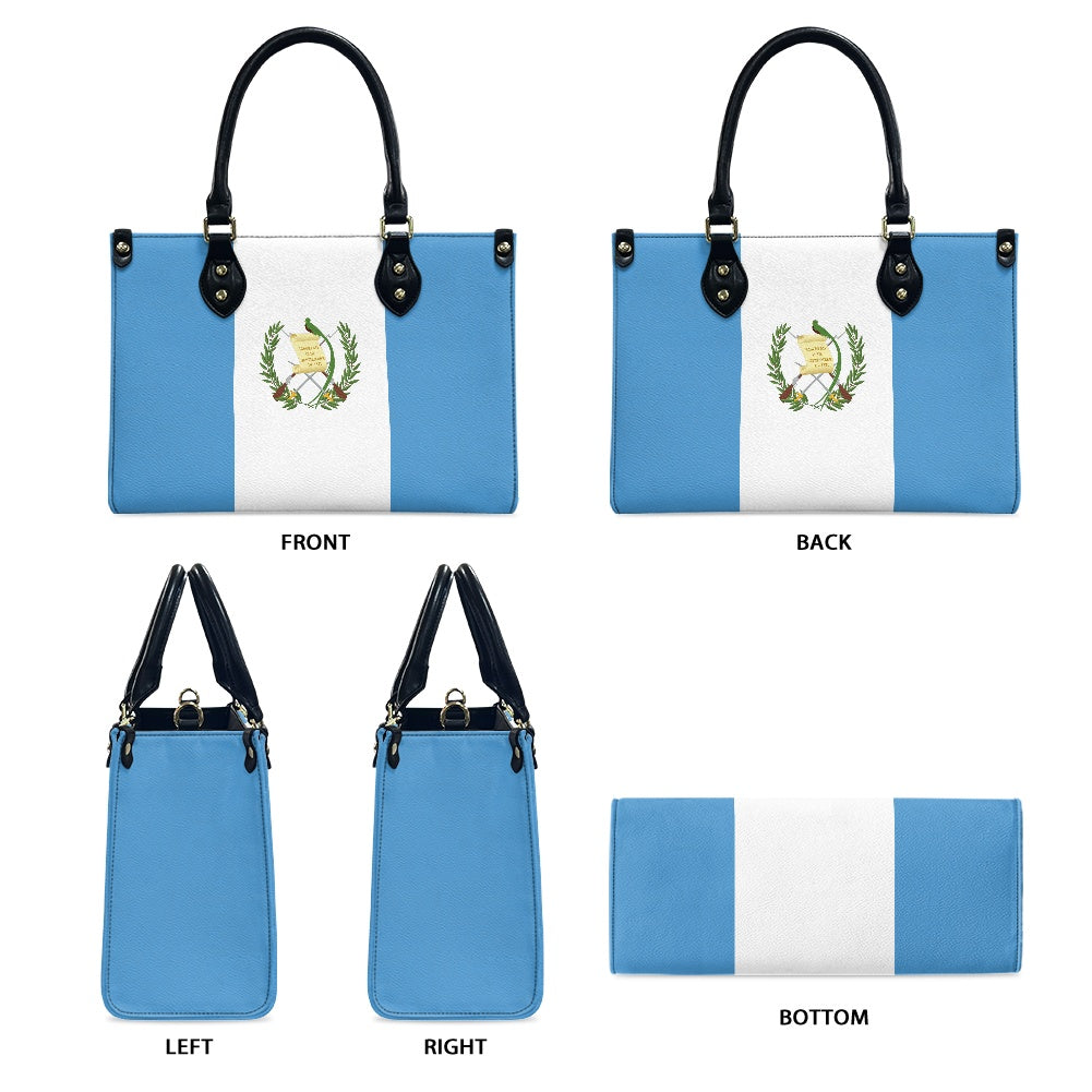 [Brand] blue handbag featuring Guatemala flag from multiple angles.