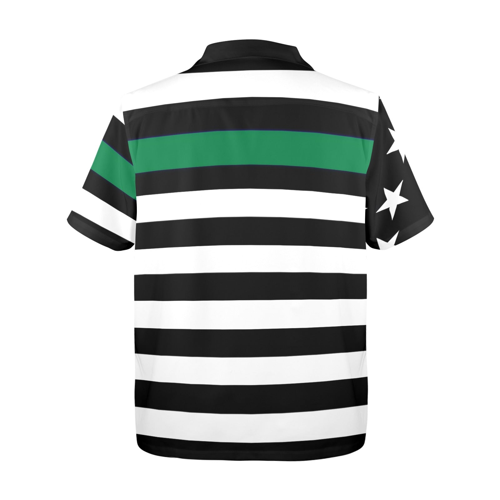 Black and white striped shirt with stars, green stripe. [Brand]