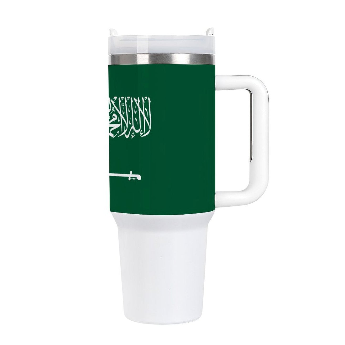[Brand] travel mug with Saudi flag design, white handle.