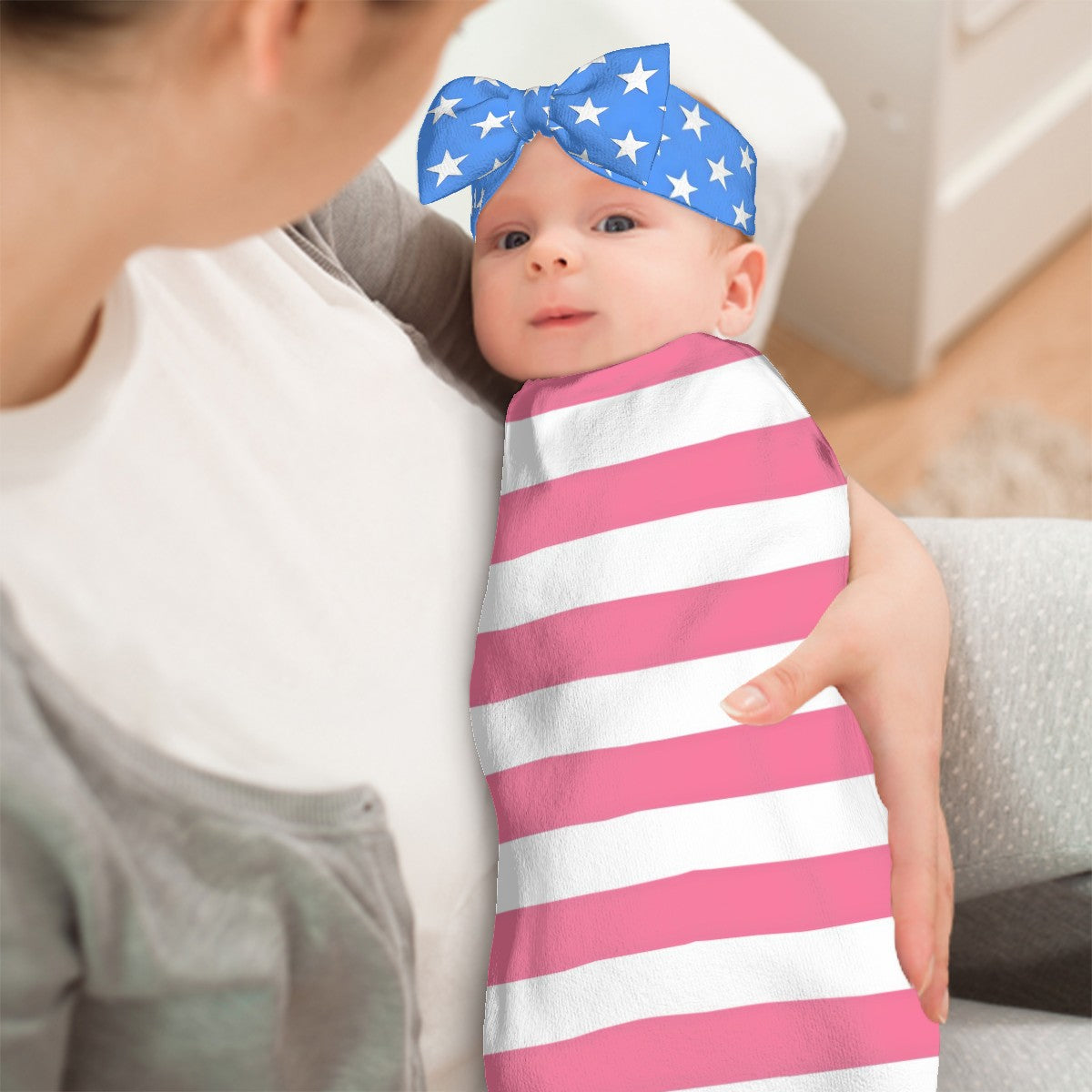USA/American Flag Inspired Baby Swaddle Sack with Baby Headband (light colors)