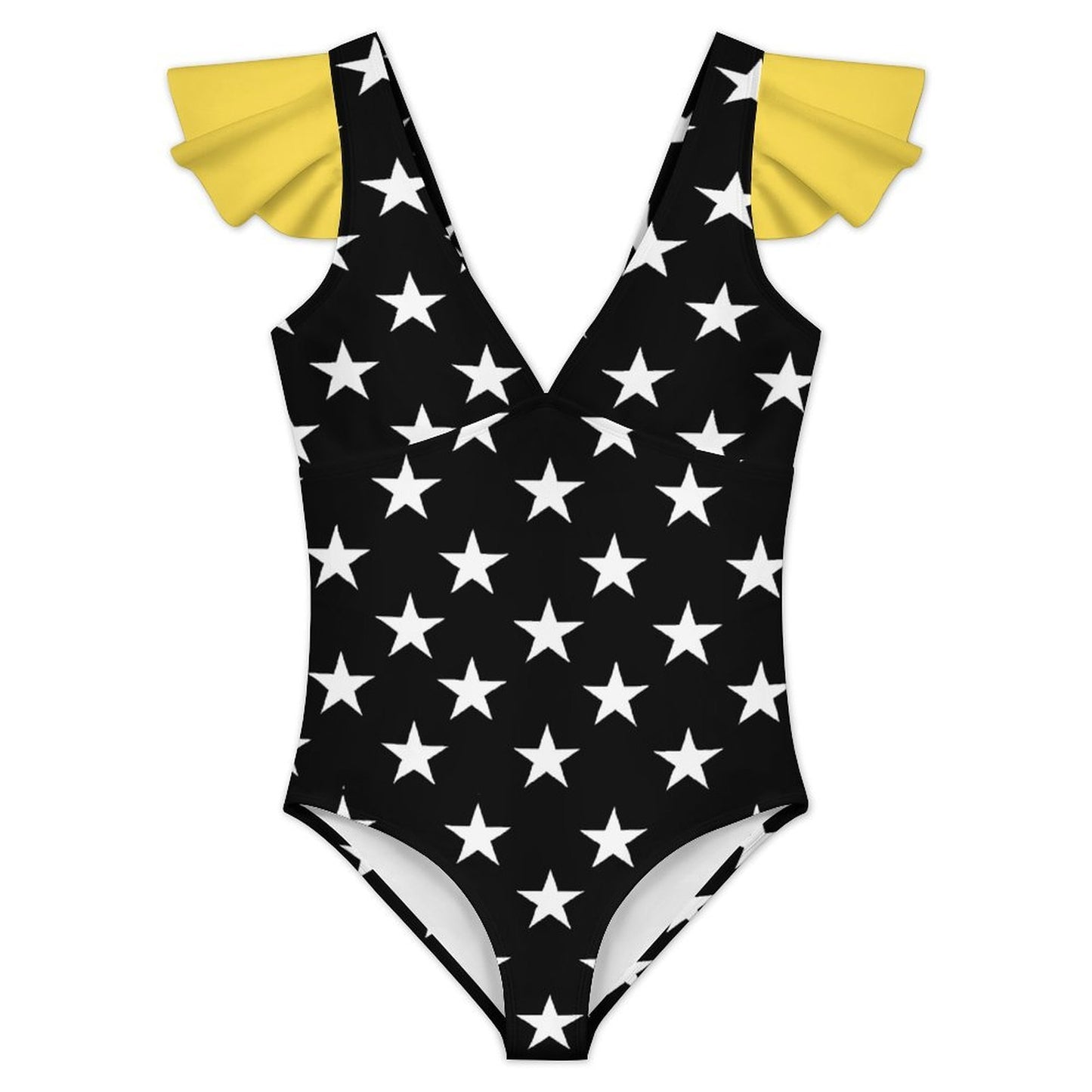 Thin Gold Line Flag Inspired Women's V-neck Ruffle Sleeve One Piece Swimsuit