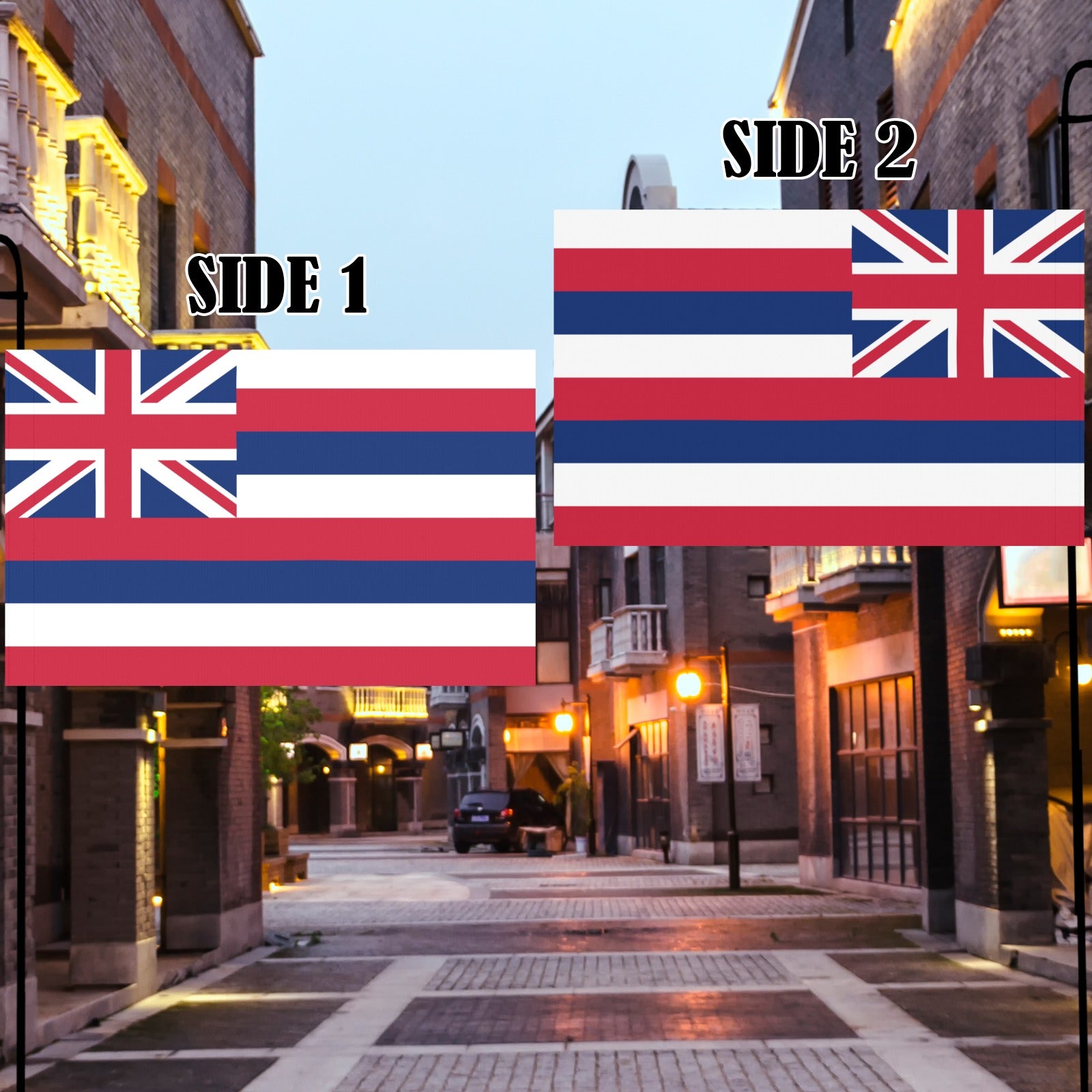 Luv My Flag's double-sided flag displayed in urban alleyway.