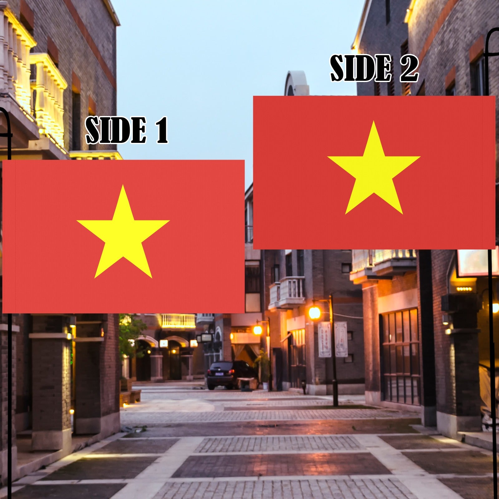 Two Vietnam flags from Luv My Flag on street.
