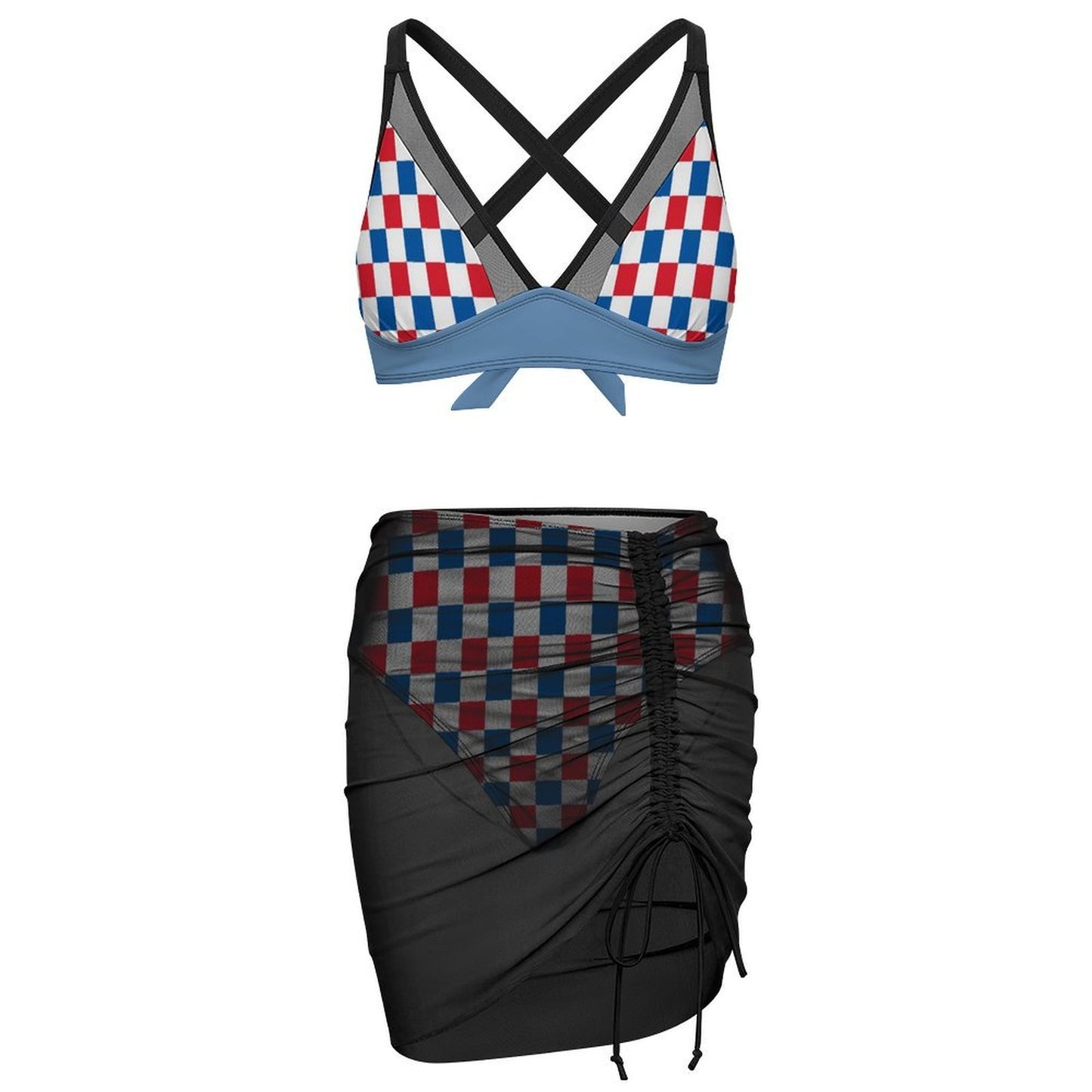 USA/American Flag Inspired Checkered Pattern Women's Mesh Drawstring Skirt and Swimsuit Set