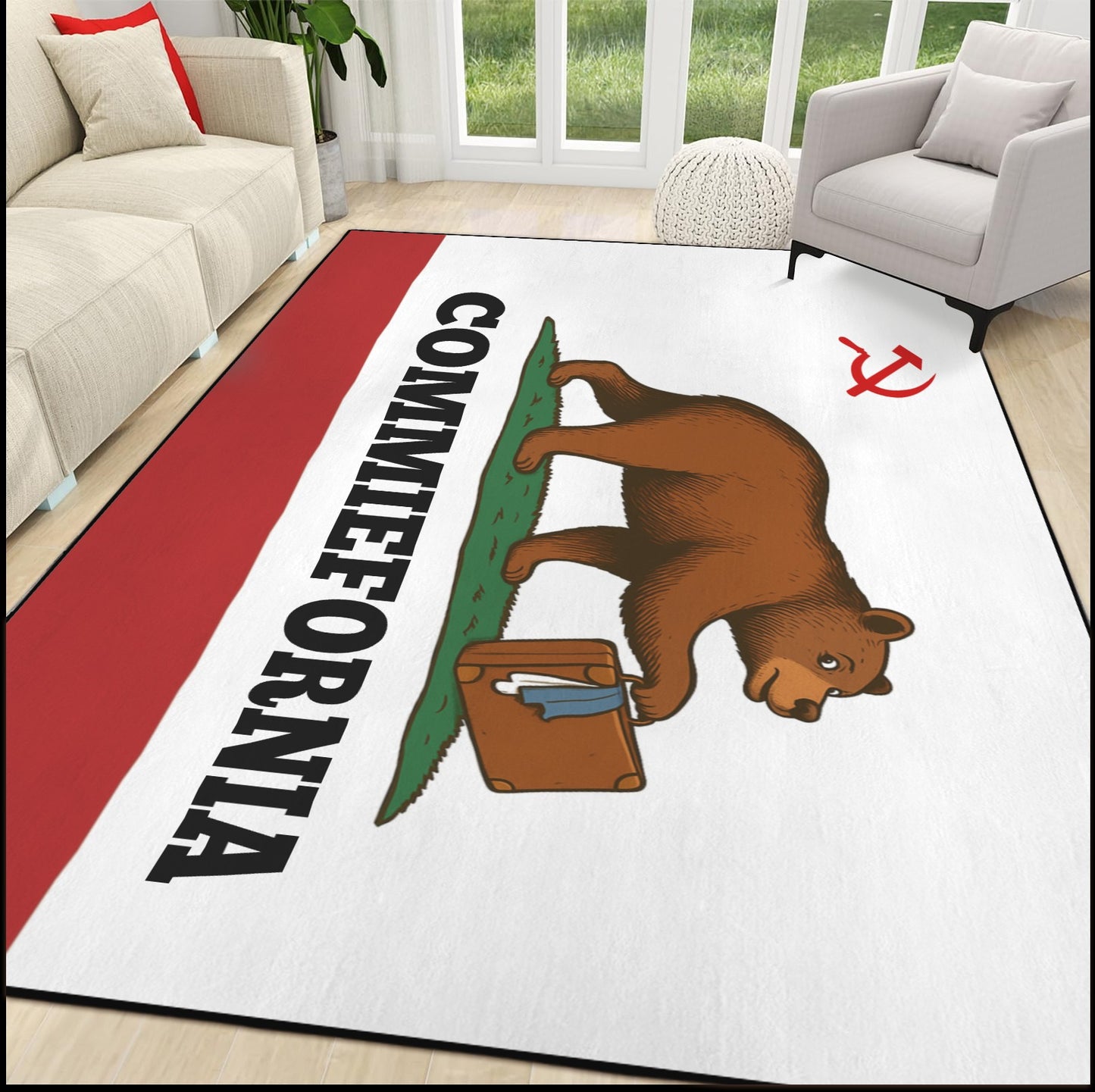 California Flag Inspired (COMMIEFORNIA) 84x60 Inch Area Rug with Black Binding (Made in the USA)