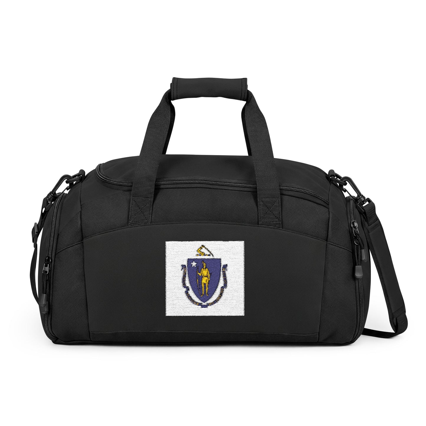 Massachusetts Flag Gym Bag — Black Duffle with Embroidered Massachusetts Flag