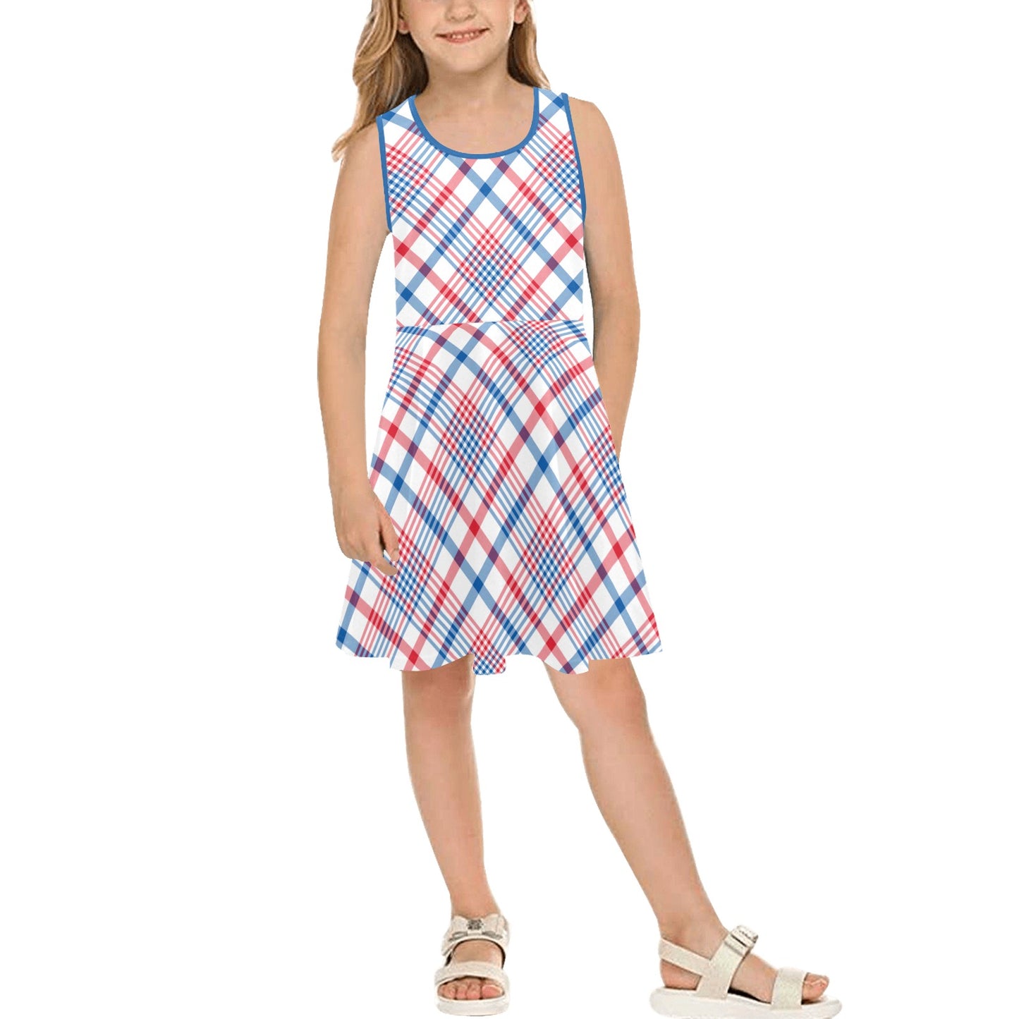 USA/American Flag Inspired Plaid Pattern Girls' Sleeveless Sundress | Ships from USA