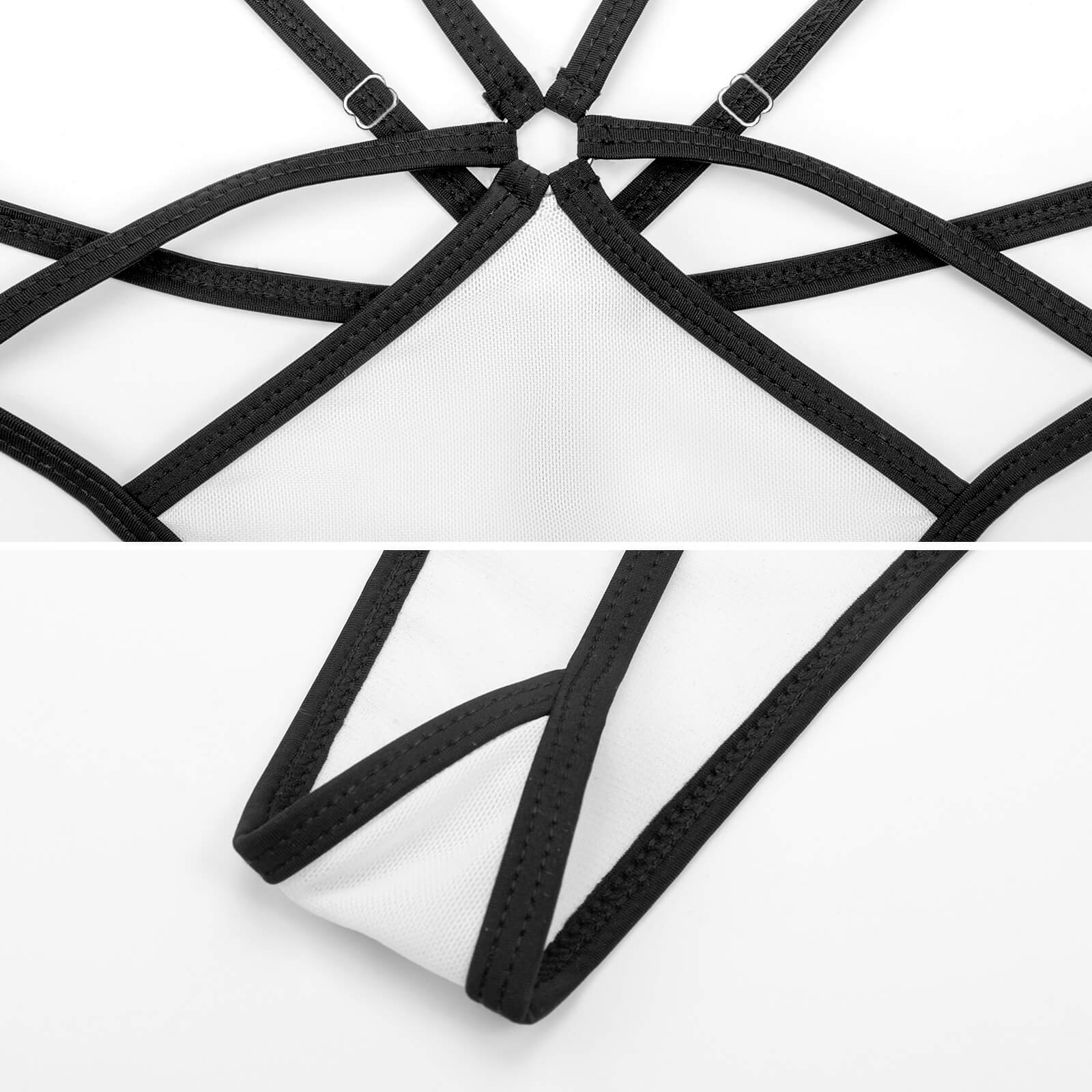 Black straps with white fabric; stylish design by [Brand].