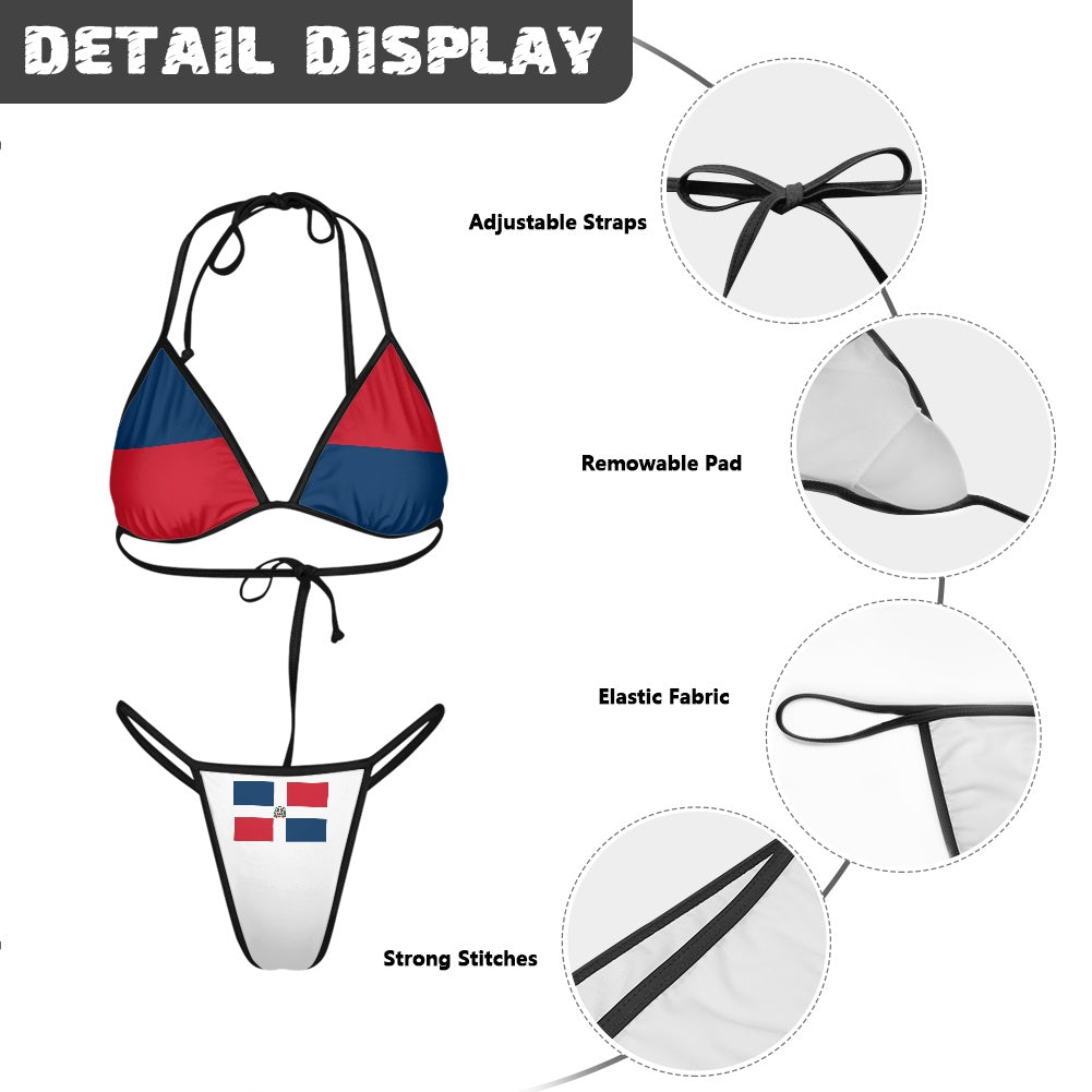 Dominican Republic Flag Inspired Women's Triangle Bikini with Thong Bottom