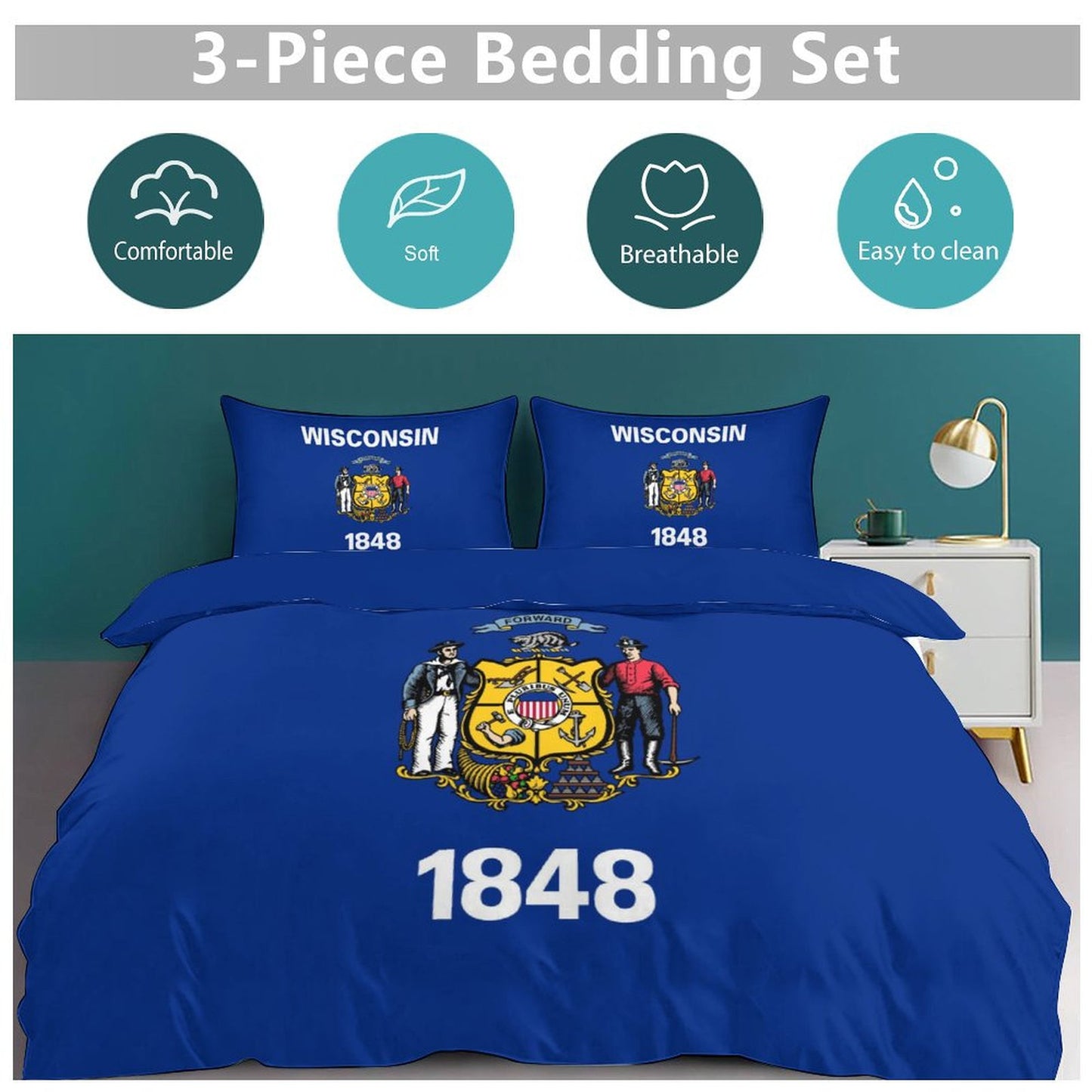 Wisconsin Flag Inspired 3-Piece Bedding Set (1 Duvet Cover + 2 Pillow Shams) – 102"×90"