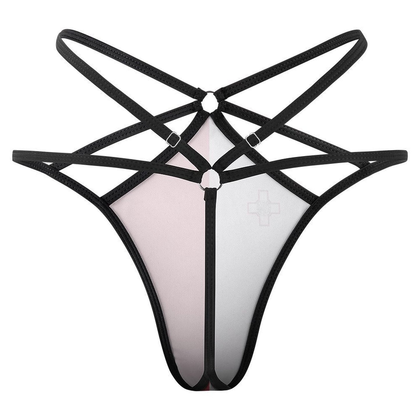 [Brand] black strap harness thong with geometric design overlay.