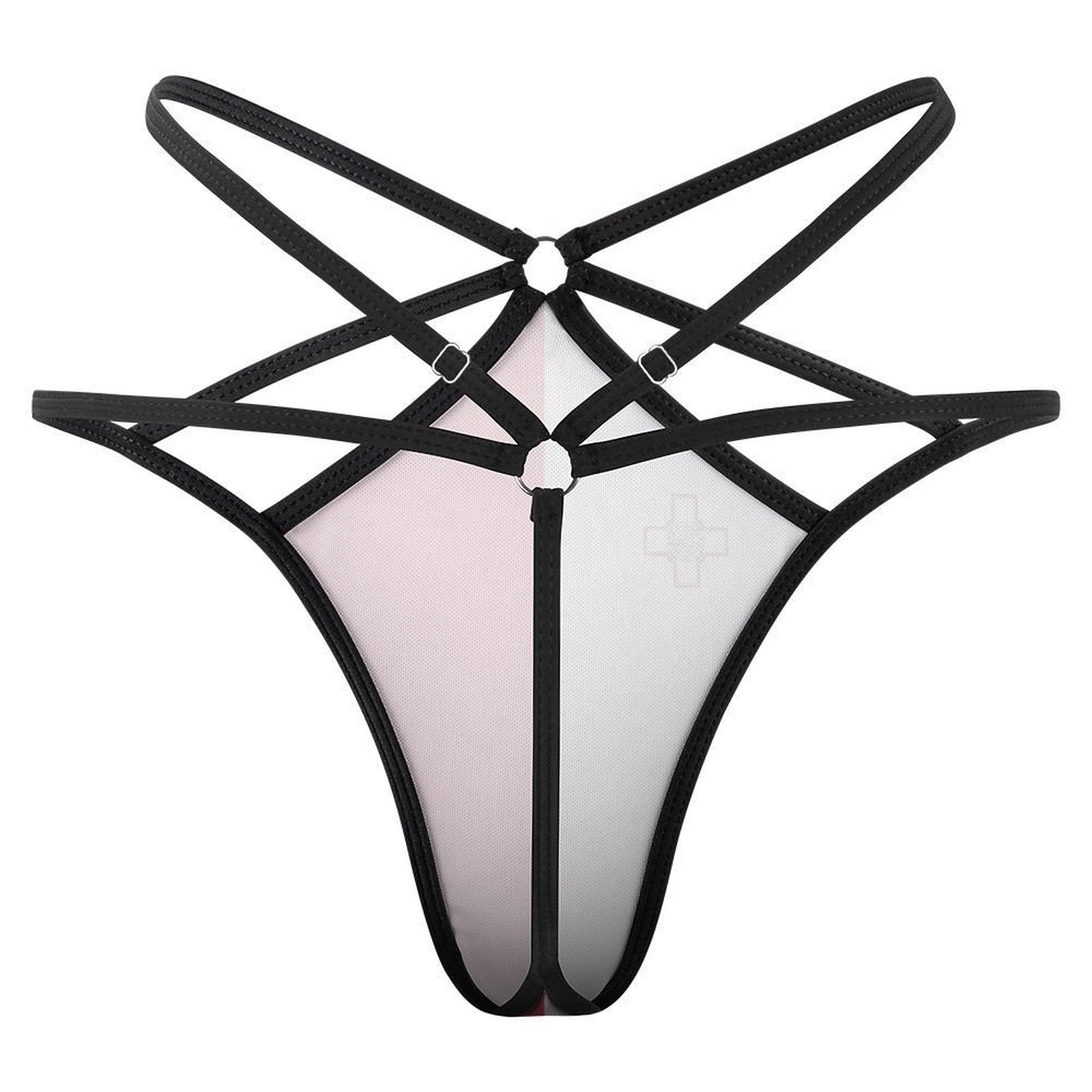 [Brand] black strap harness thong with geometric design overlay.