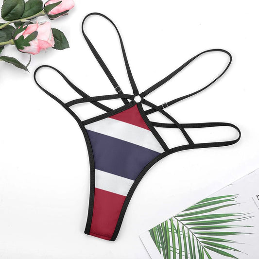 Strappy [Brand] bikini bottom, red, white, blue stripes.