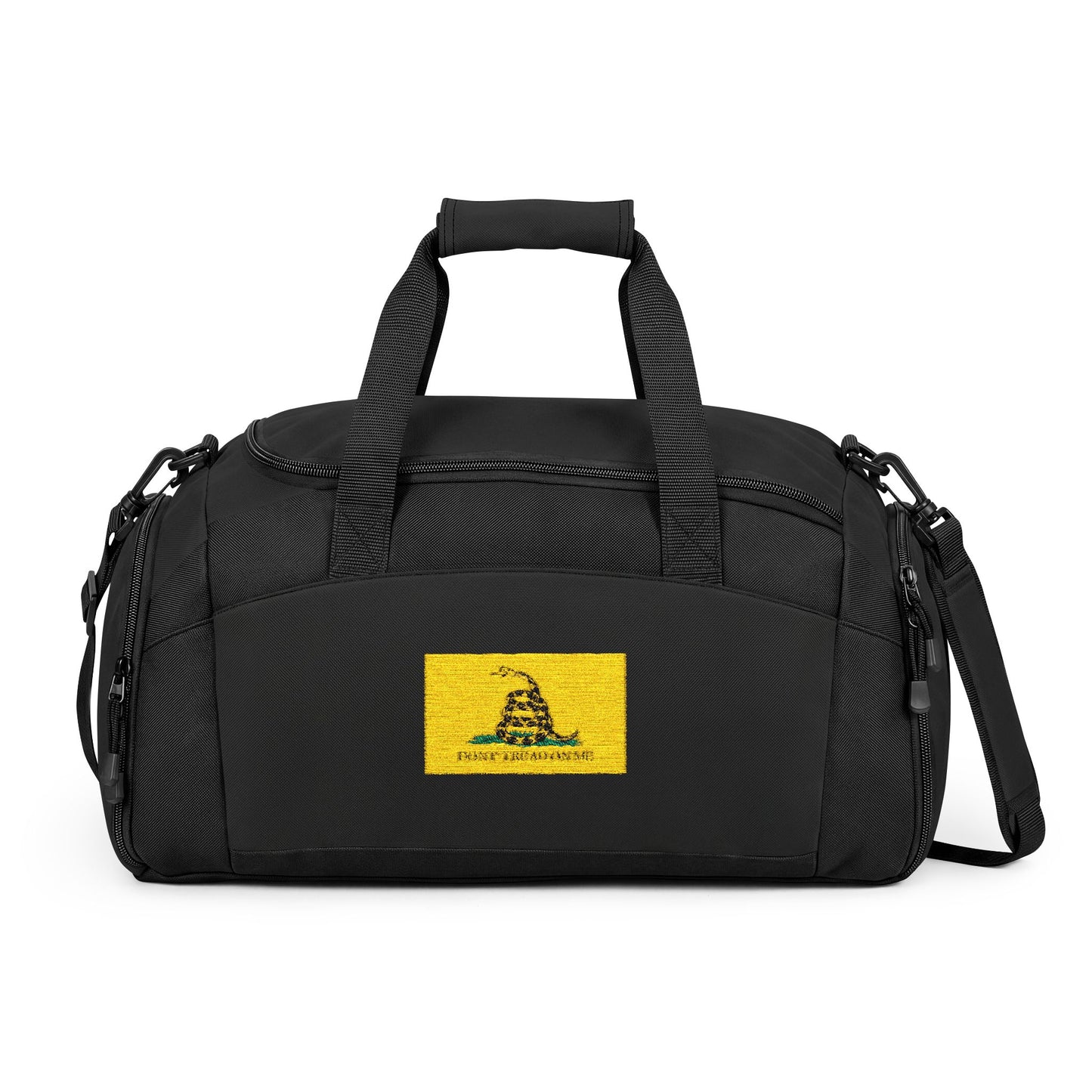 Gadsden Flag Gym Bag — Black Duffle with Embroidered Gadsden Flag