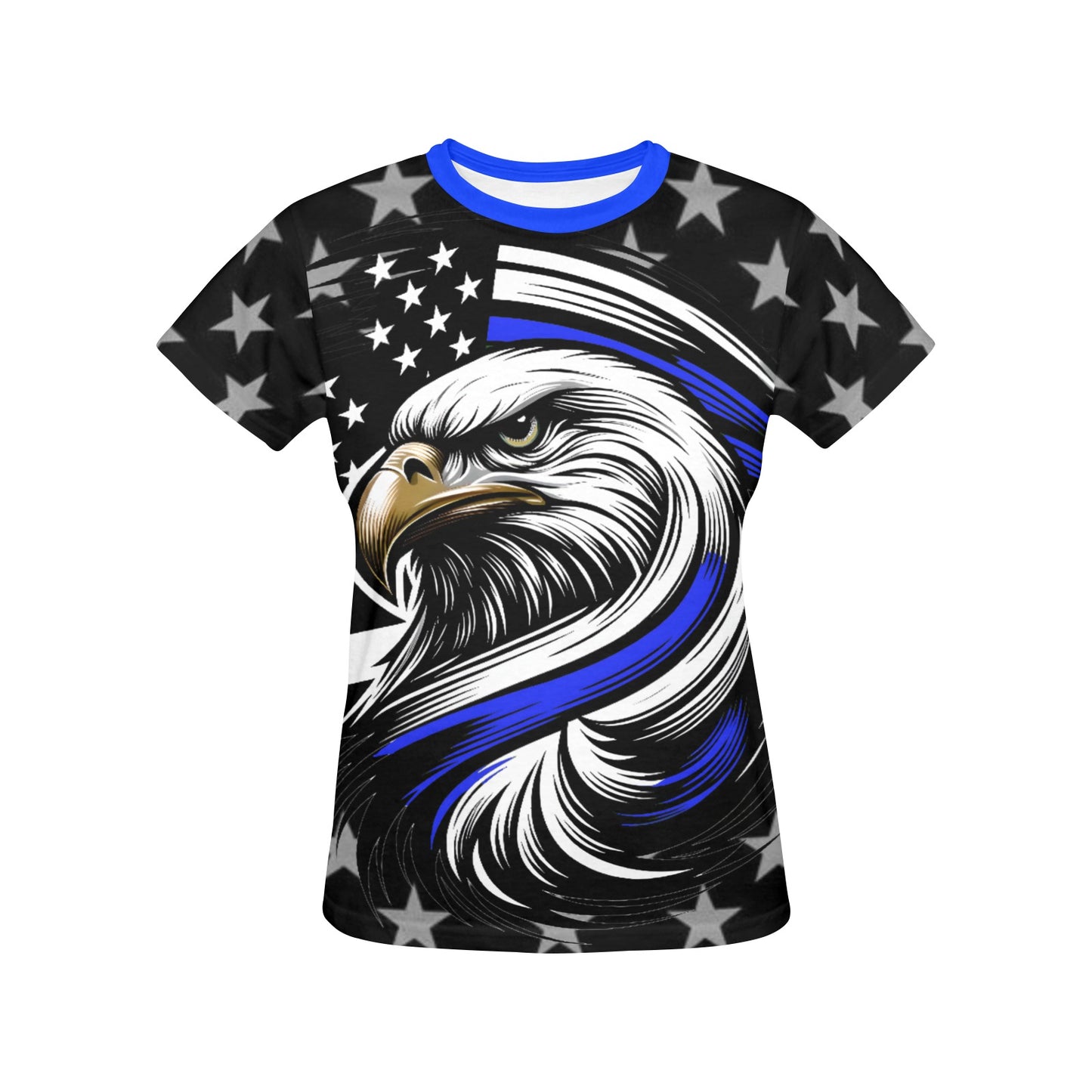 Thin Blue Line Flag Inspired Eagle Women's All Over Print Crew Neck T-Shirt(T40-2)(Made in Queens)