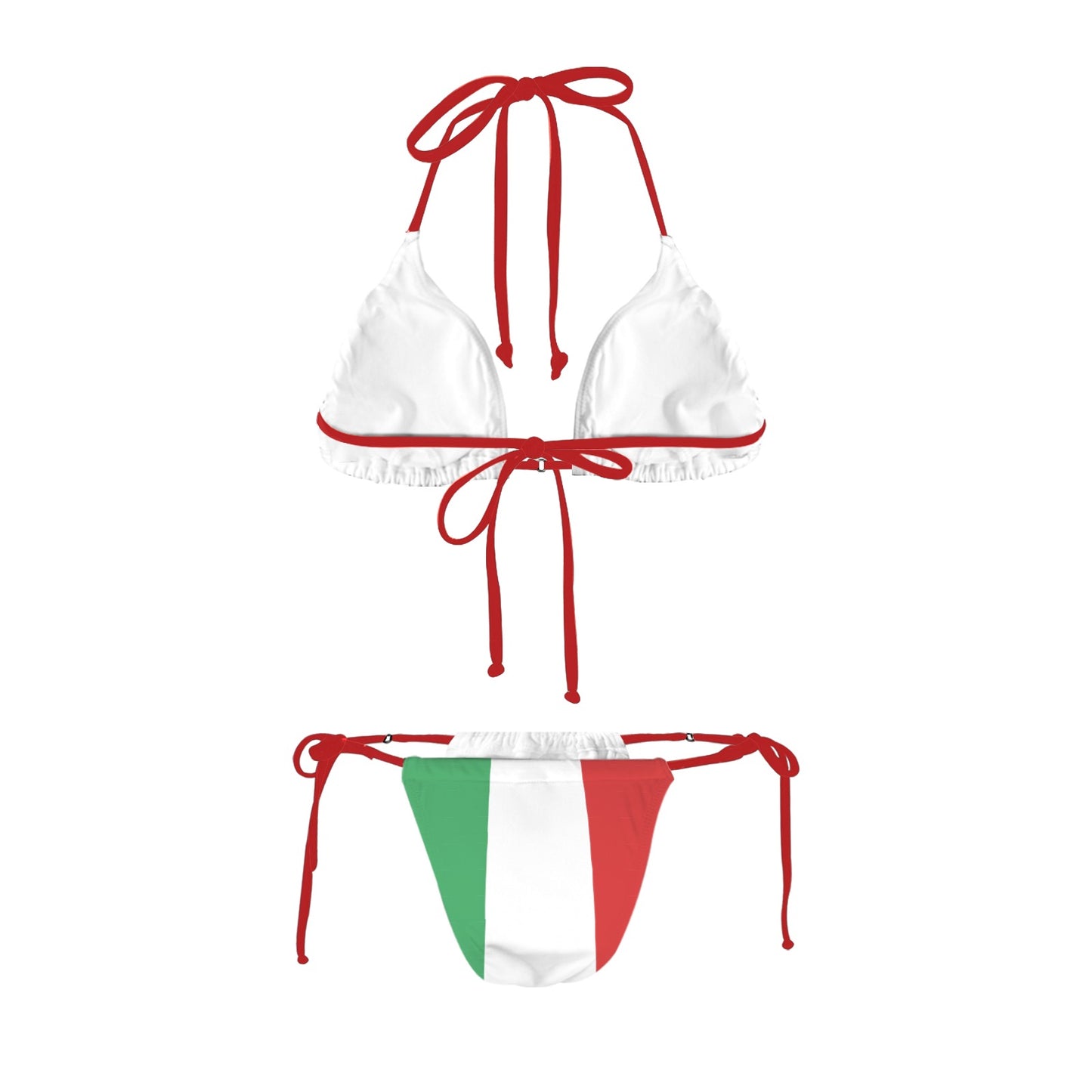 [Brand] bikini featuring Italian flag design, red tie straps.