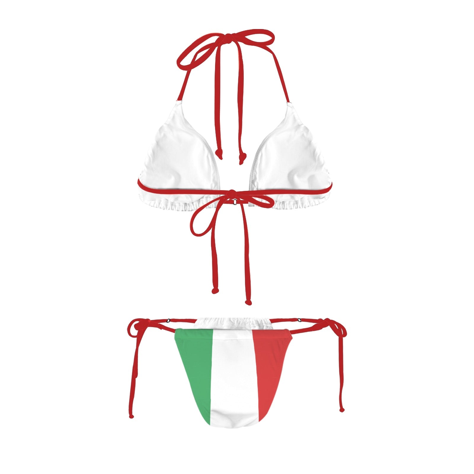 [Brand] bikini featuring Italian flag design, red tie straps.