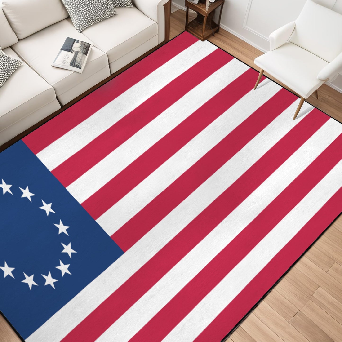 USA/American Betsy Ross Flag Inspired. 84x60 Inch Area Rug with Black Binding (Made in the USA)