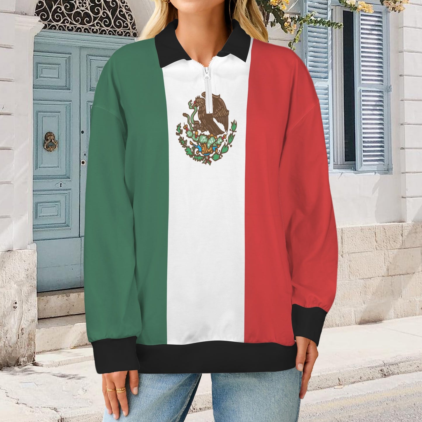 Mexico Flag Inspired Women's Quarter Zip Pullover Sweatshirt