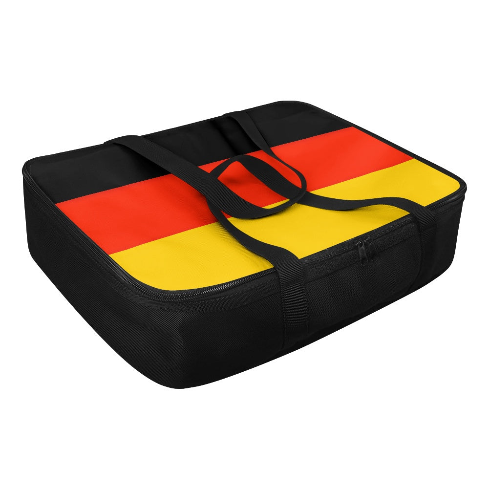 [Brand] travel bag featuring German flag design with zipper.