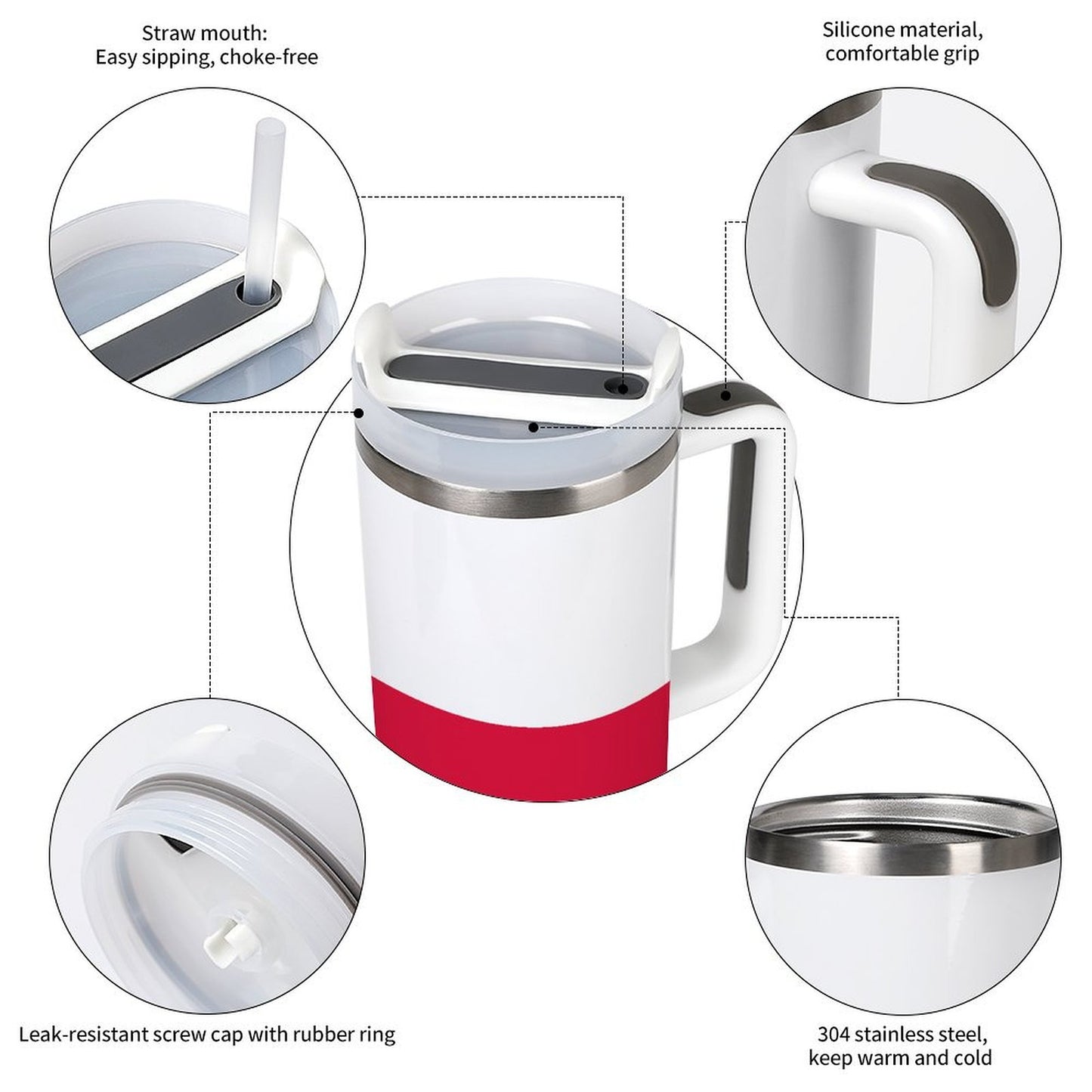 Red and white tumbler with straw and silicone handle, [Brand].