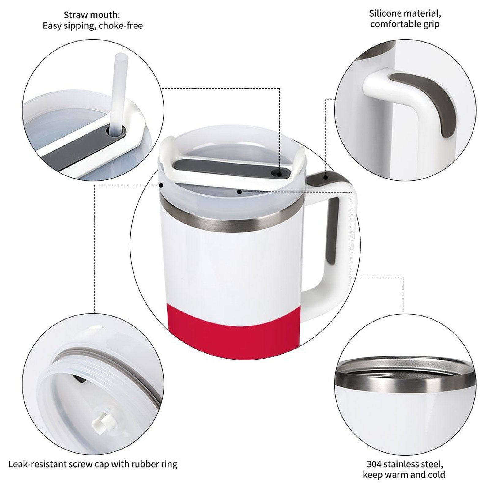 Red and white tumbler with straw and silicone handle, [Brand].