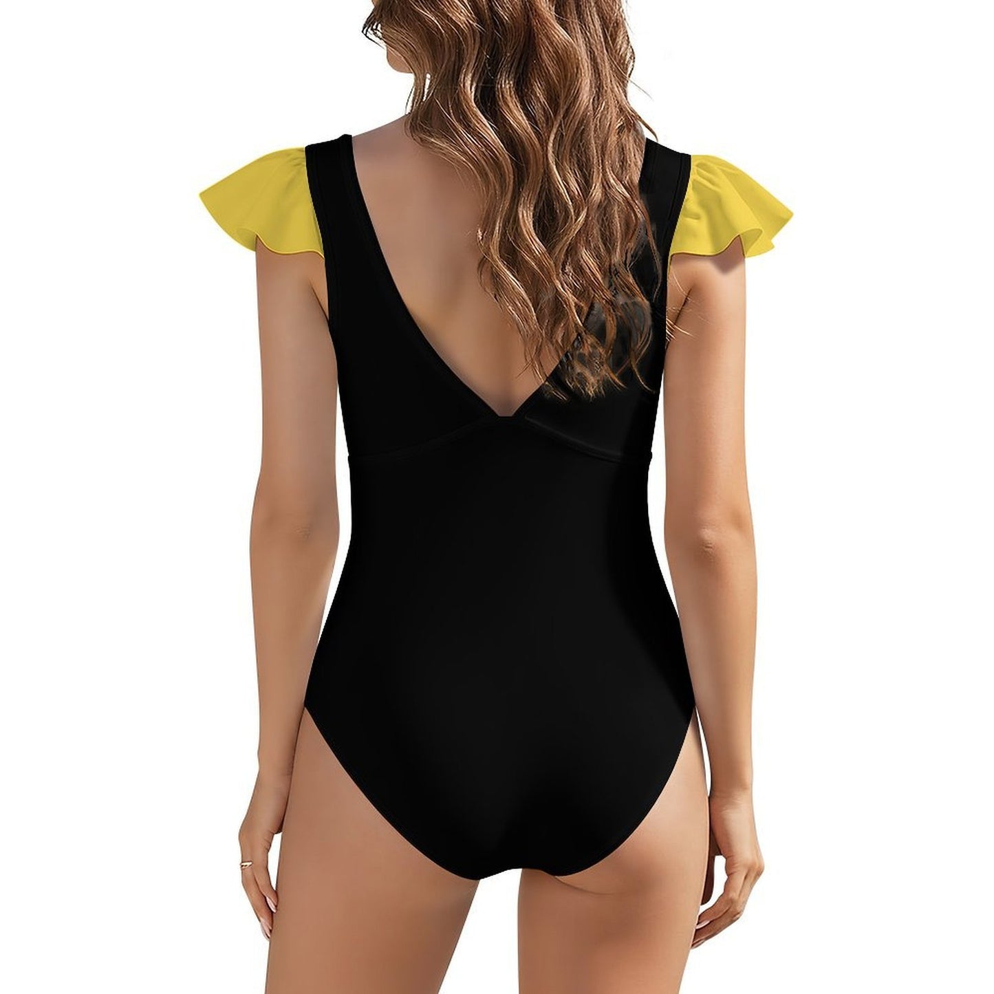 Thin Gold Line Flag Inspired Style-2 Women's V-neck Ruffle Sleeve One Piece Swimsuit