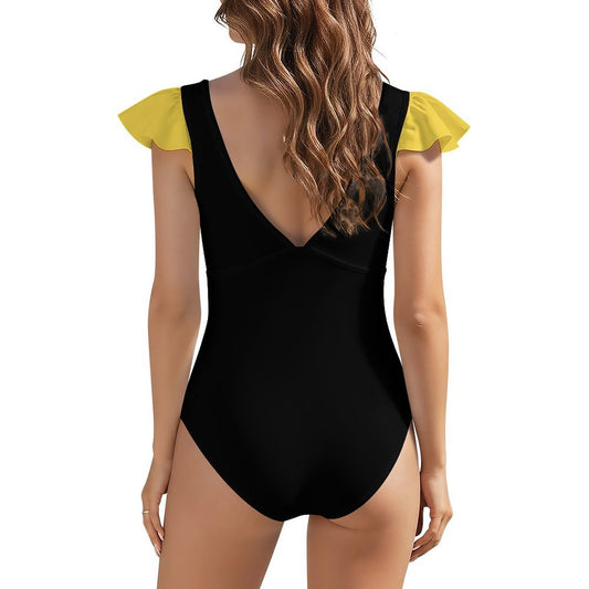 Thin Gold Line Flag Inspired Style-2 Women's V-neck Ruffle Sleeve One Piece Swimsuit