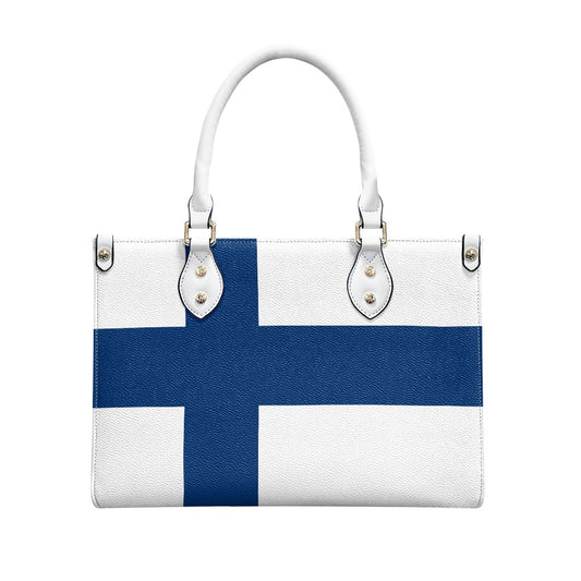 [Brand] handbag featuring Finland flag design, white and blue.