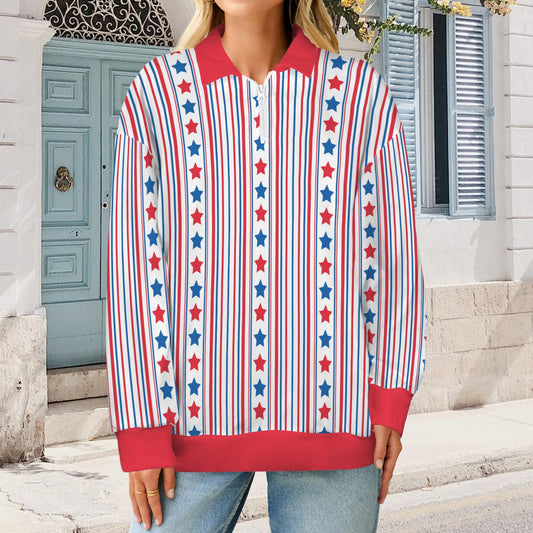USA/American Flag Stars and Stripes Pattern Women's Quarter Zip Pullover Sweatshirt