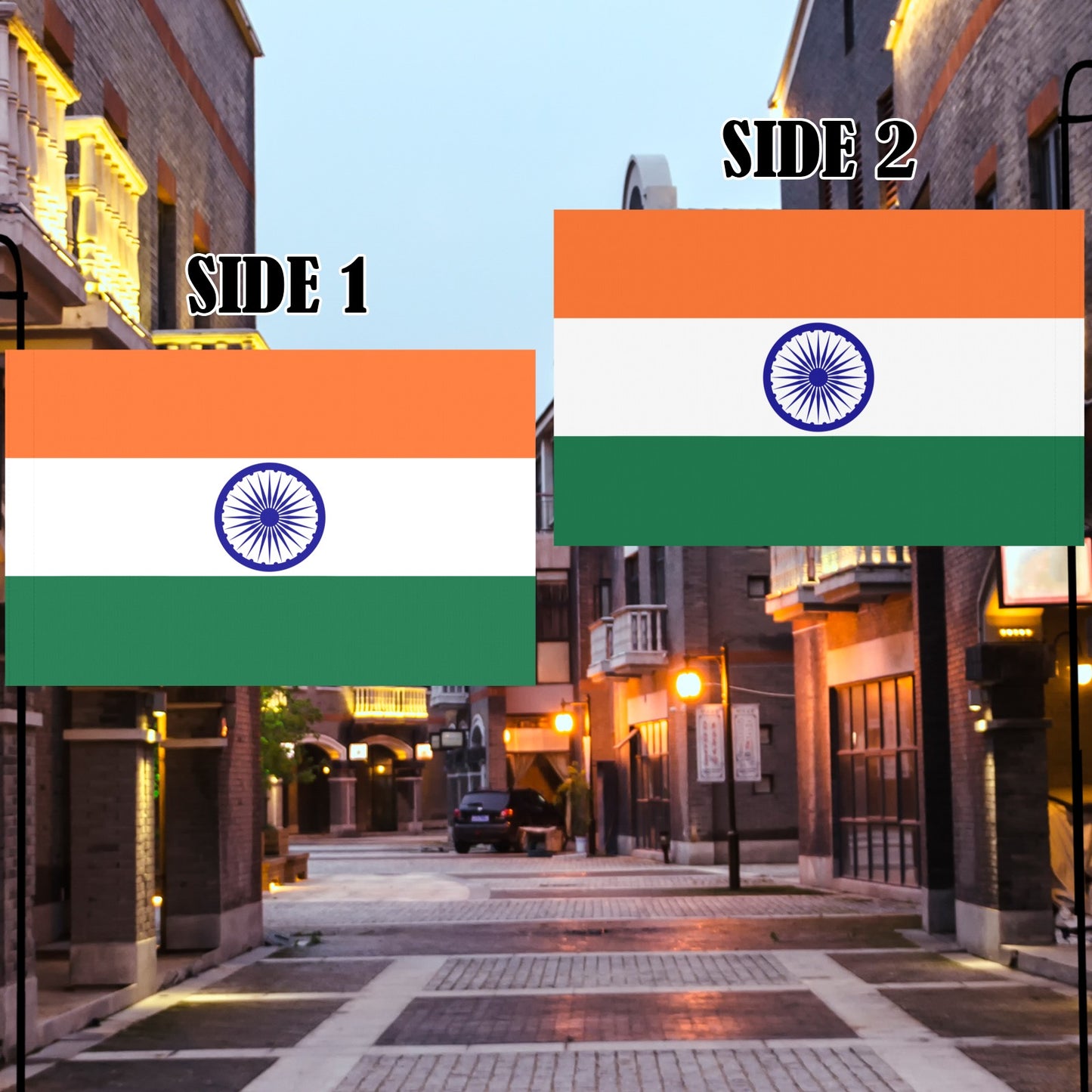 Luv My Flag banners featuring Indian flags in urban setting.