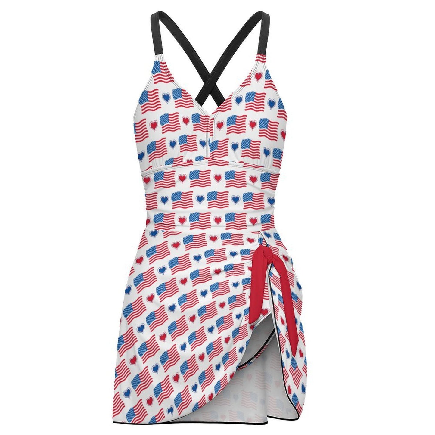 USA/American Flag Inspired Flag & Hearts Pattern Women's Hem Tie One-piece Swimsuit