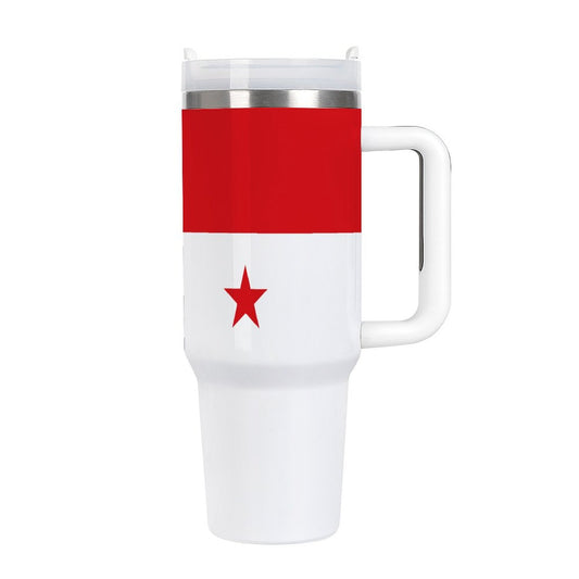 [Brand] travel mug, red star, white base, red top.