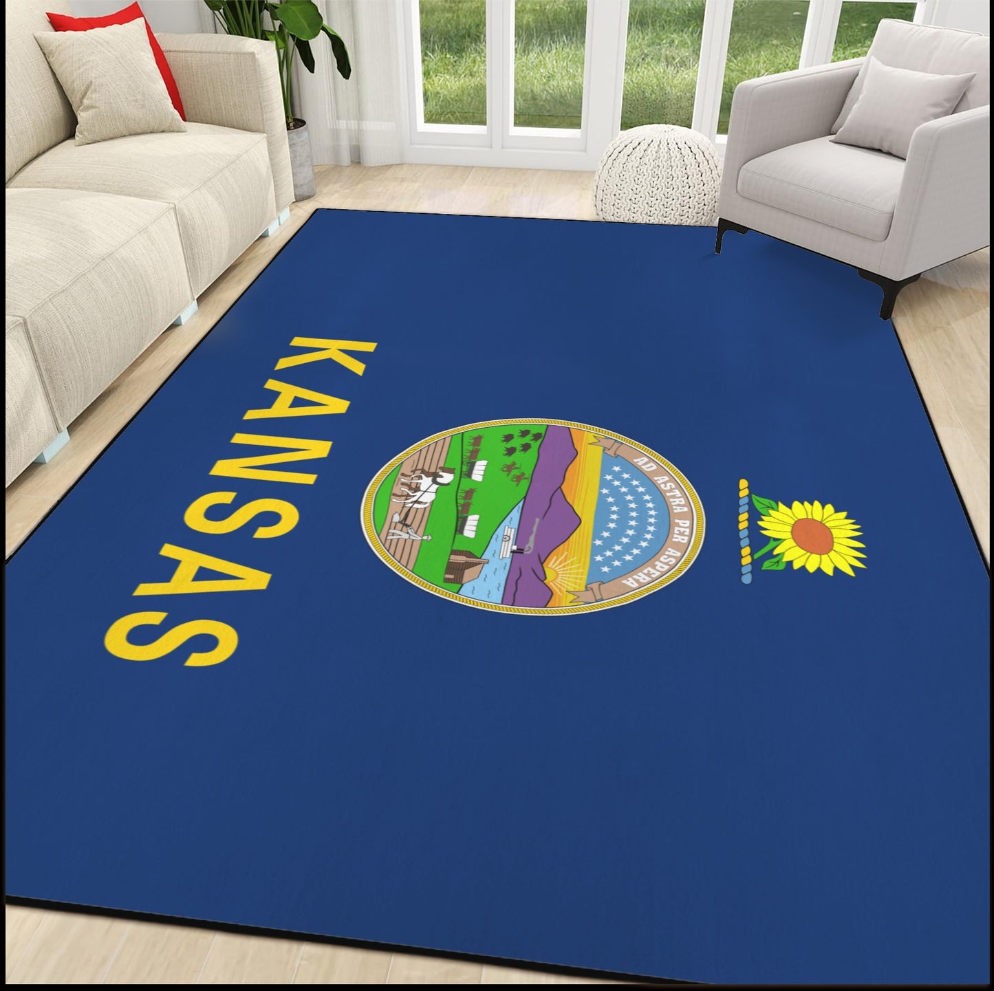 Kansas Flag Inspired 84x60 Inch Area Rug with Black Binding (Made in the USA)