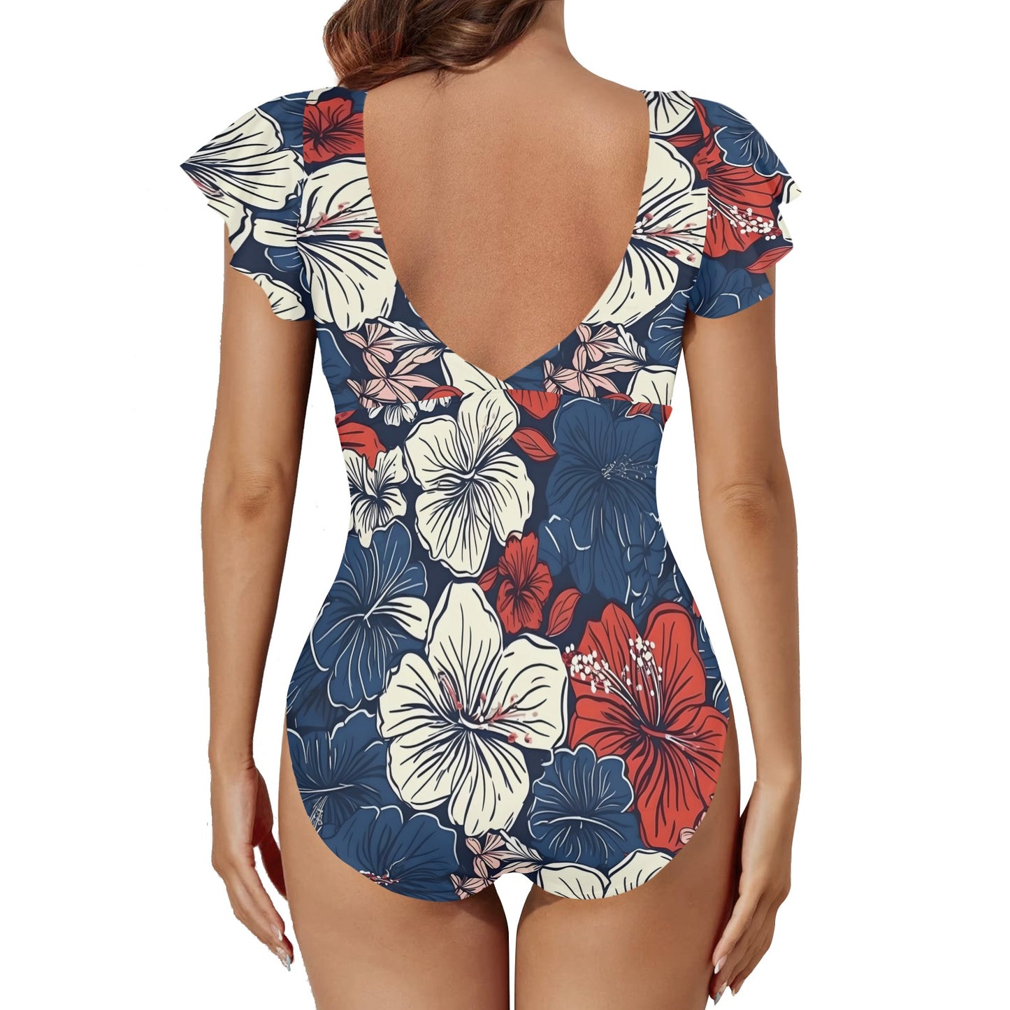 USA/American Flag Inspired Hawaiian Floral Pattern Women's Twist Front Ruffle Sleeve Swimsuit