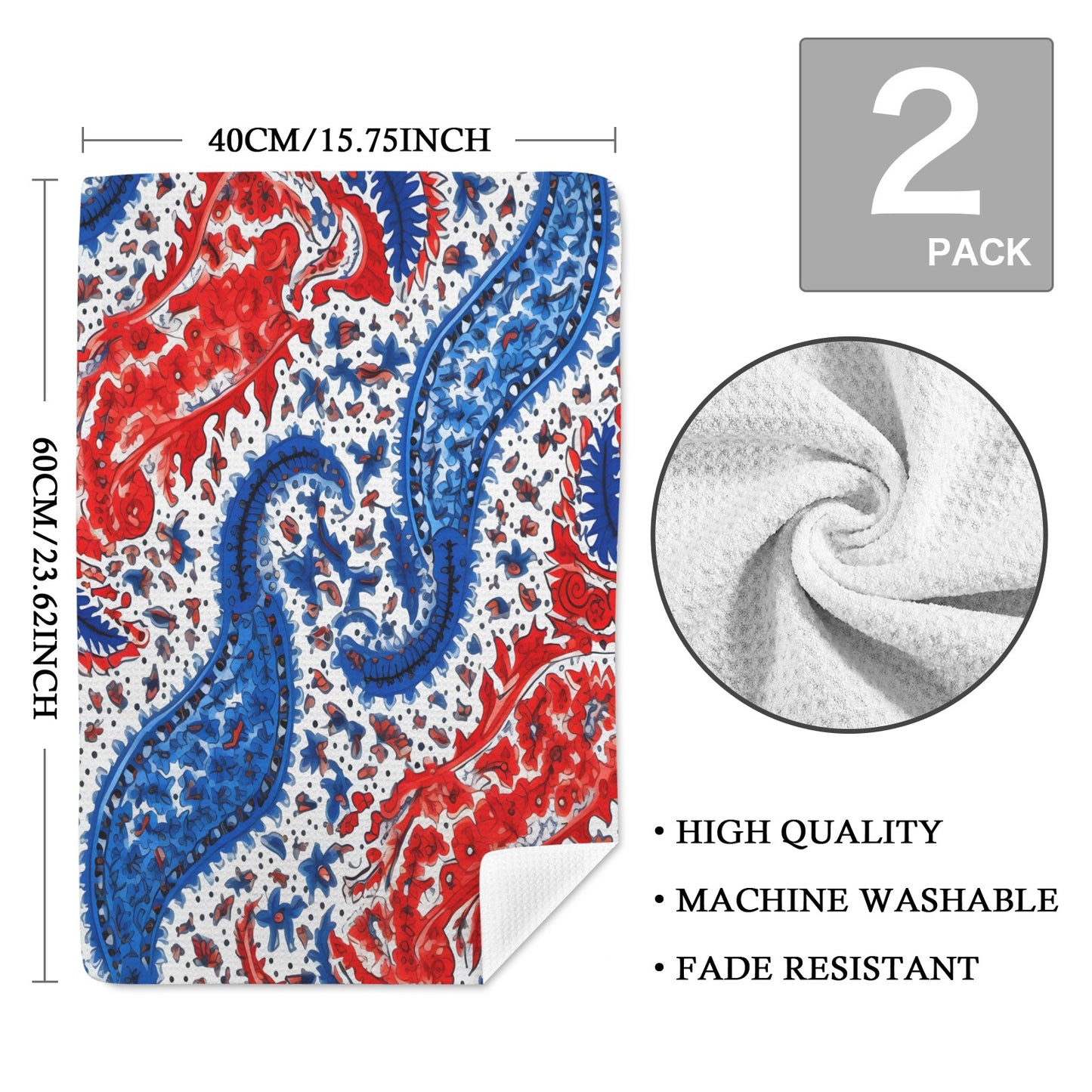 USA/American Flag Inspired Red, White & Blue Floral Paisley Pattern Kitchen Towel 40X60cm (Pack of 2) (Made in the USA)