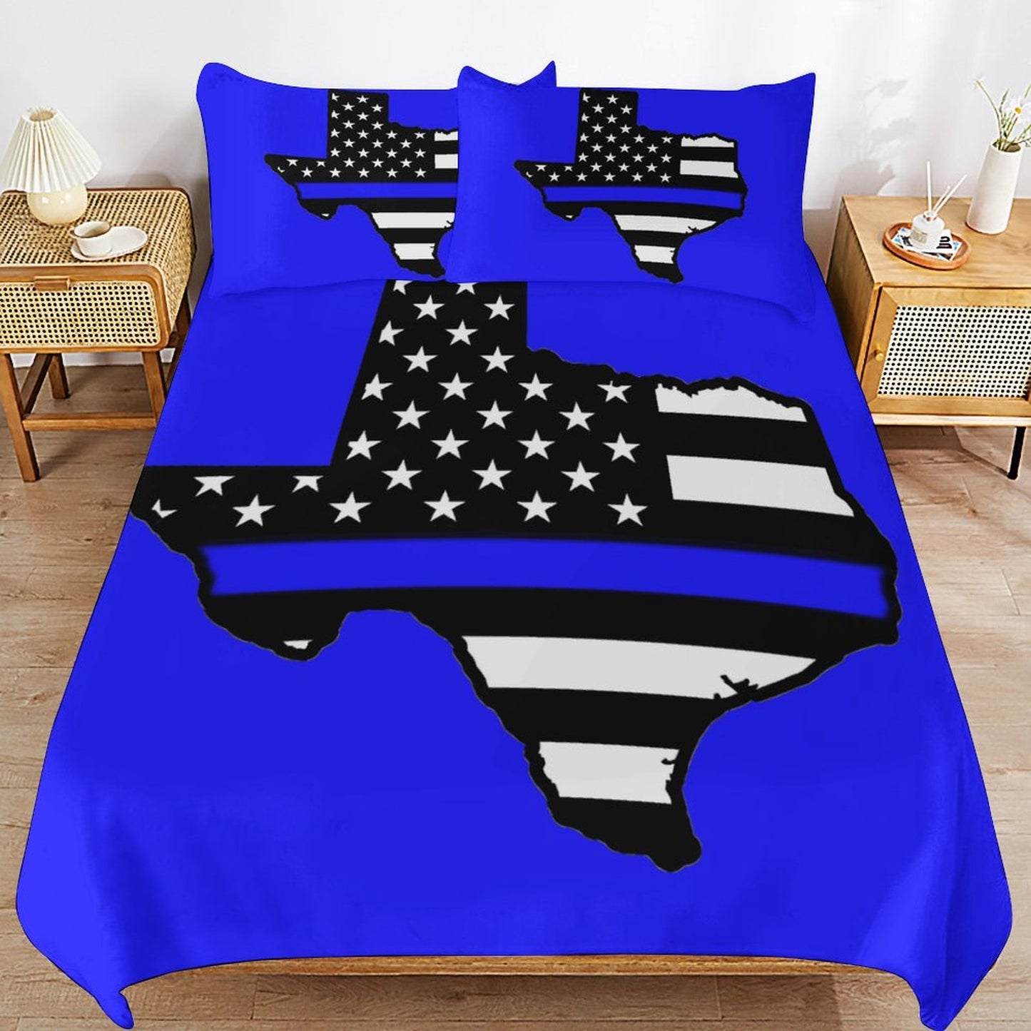Thin Blue Line Flag Inspired Texas State Shape 3-Piece Bedding Set (1 Duvet Cover + 2 Pillow Shams) – 102"×90"