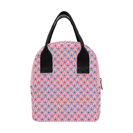 USA:American Flag Inspired Red, White & Blue Stars on Pink Insulated Lunch Bag