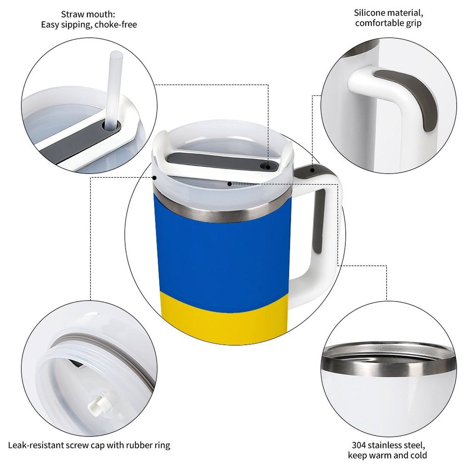 [Brand] blue-and-yellow mug with straw, silicone handle, stainless steel.