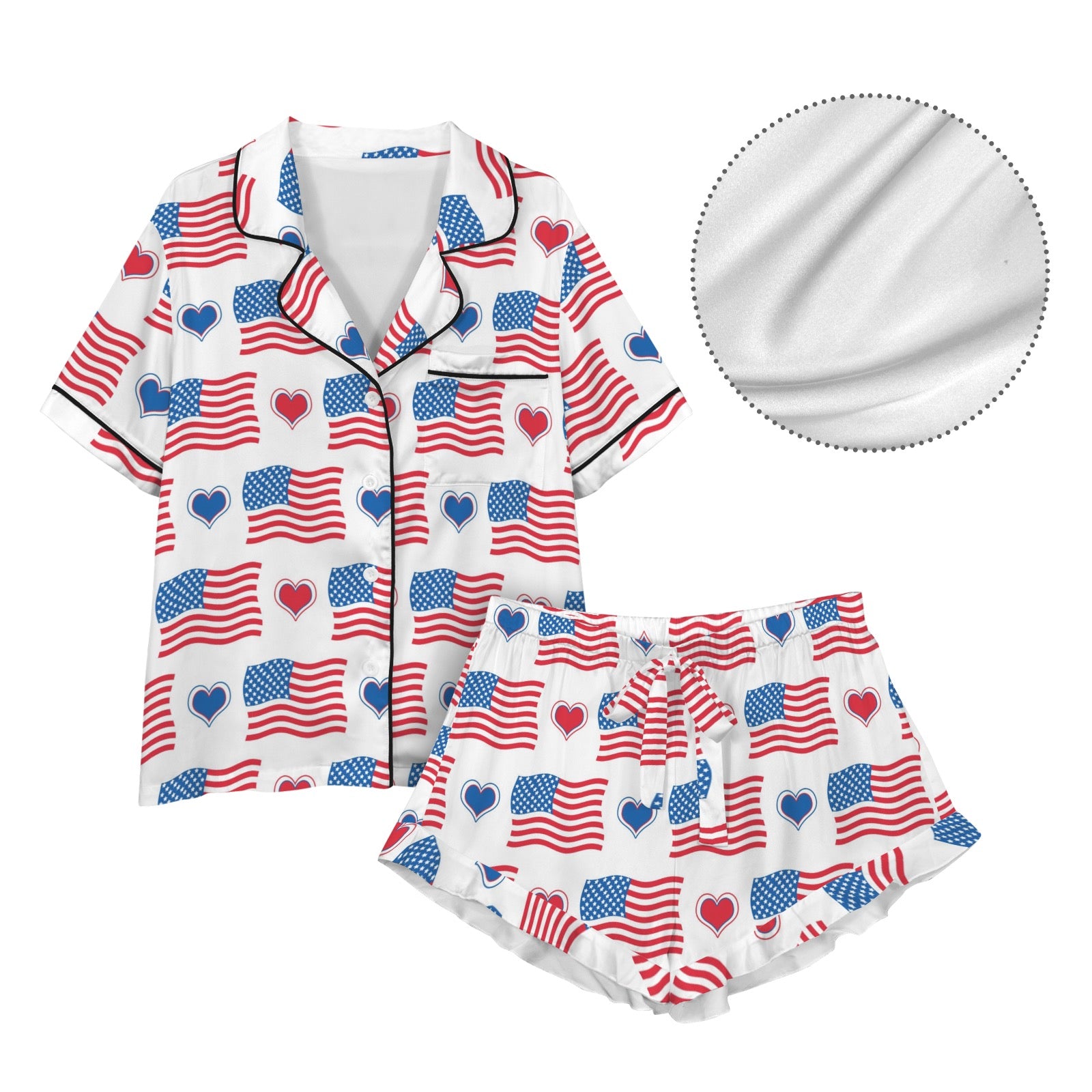 [Brand] flag-print pajamas with hearts, featuring matching shorts set.