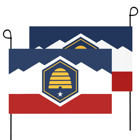 Two Luv My Flag banners with beehive design.