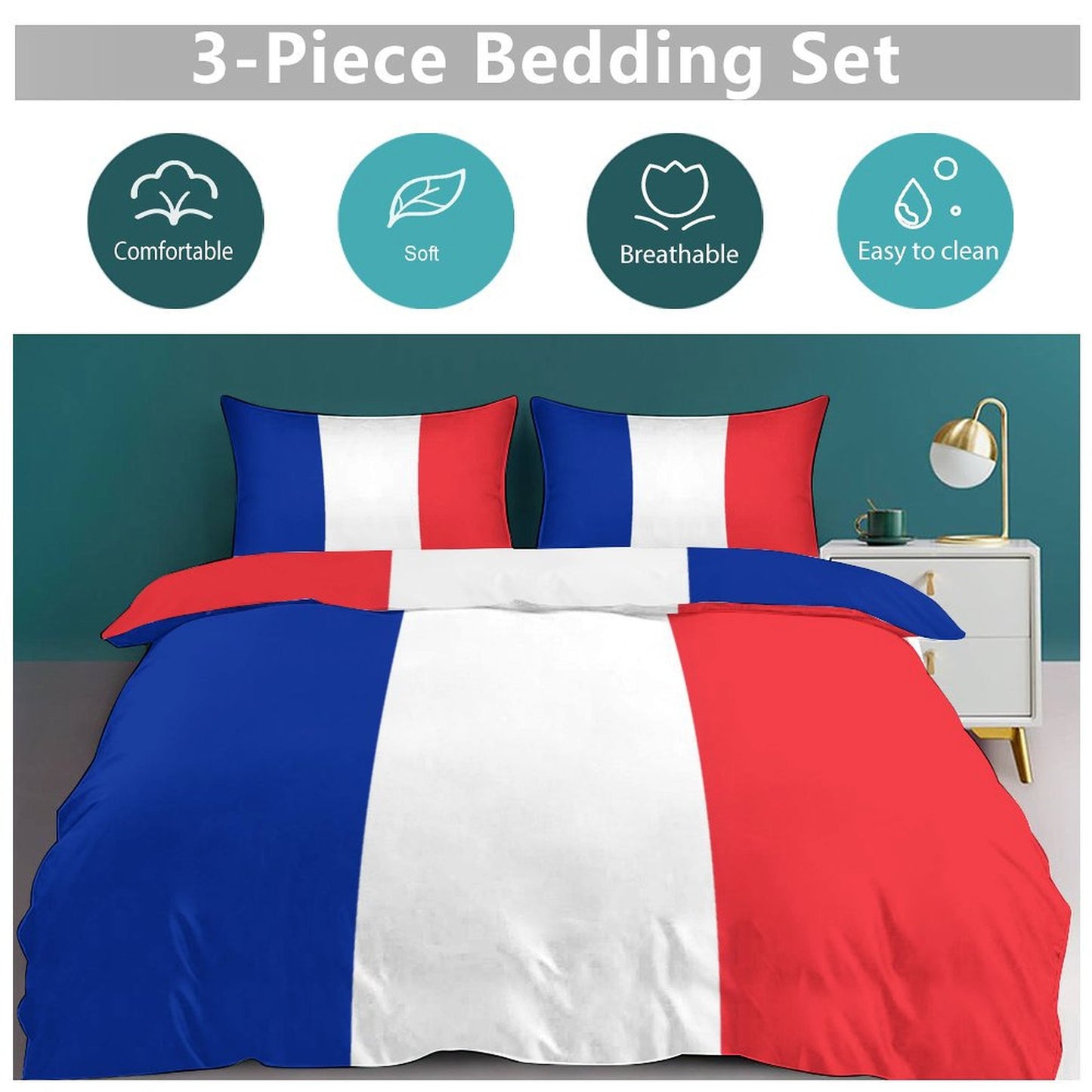 France Flag Inspired 3-Piece Bedding Set (1 Duvet Cover + 2 Pillow Shams) – 102"×90"