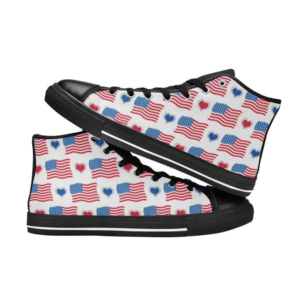 USA/American Flag Inspired Flag and Hearts Pattern Kid's High Top Canvas Shoes