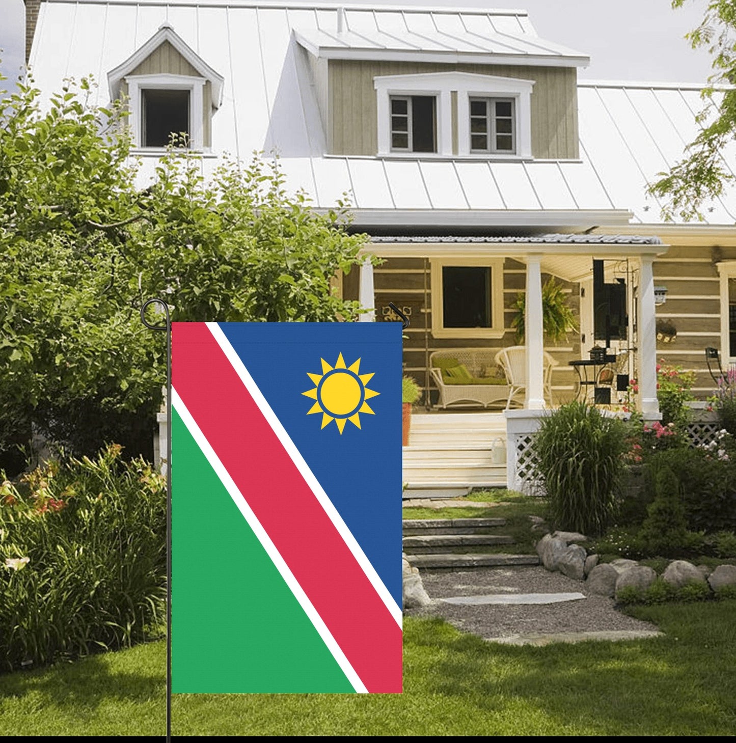 [Luv My Flag] Namibia flag outside charming house with garden.