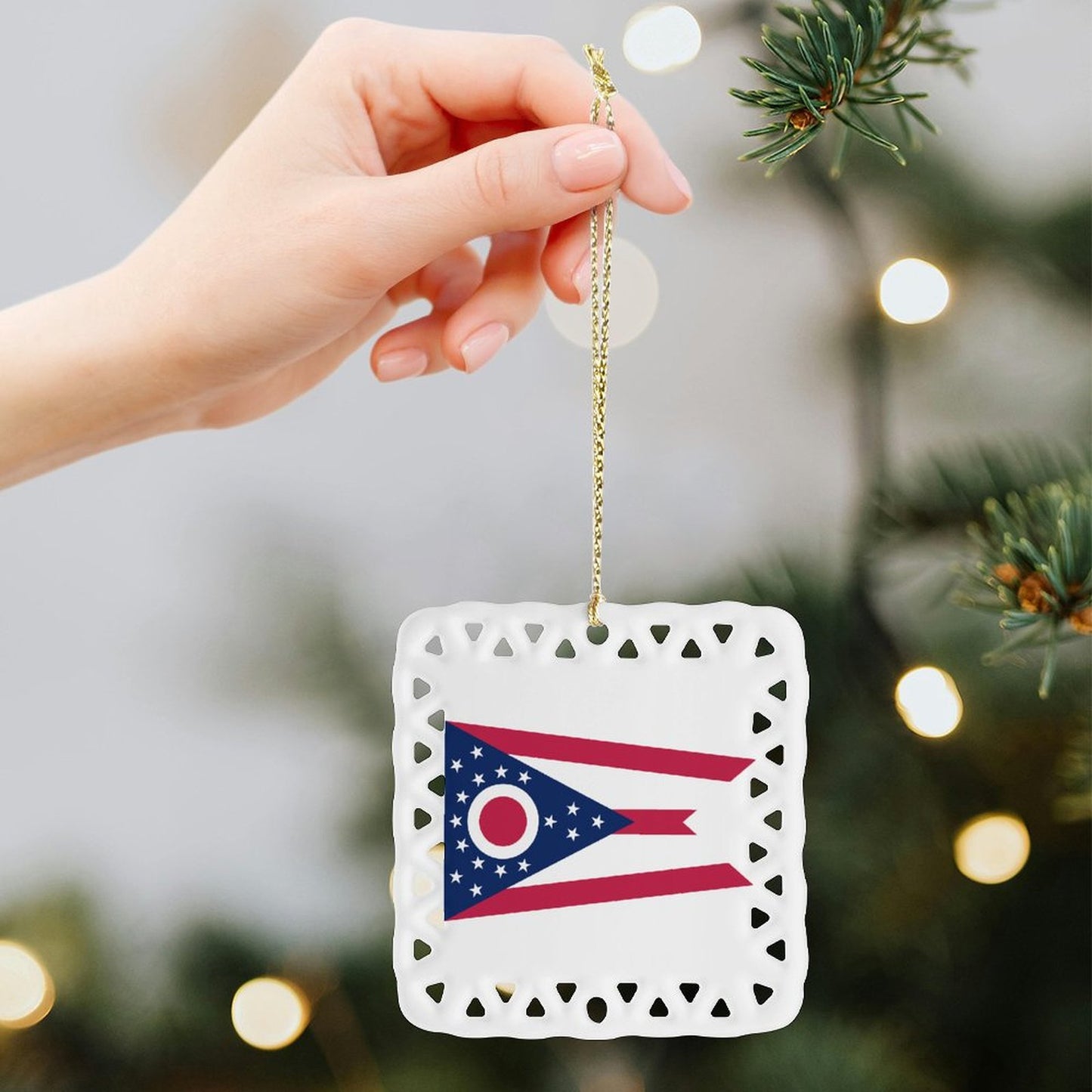 Ohio Flag Inspired Square Ceramic Ornament Made in the USA