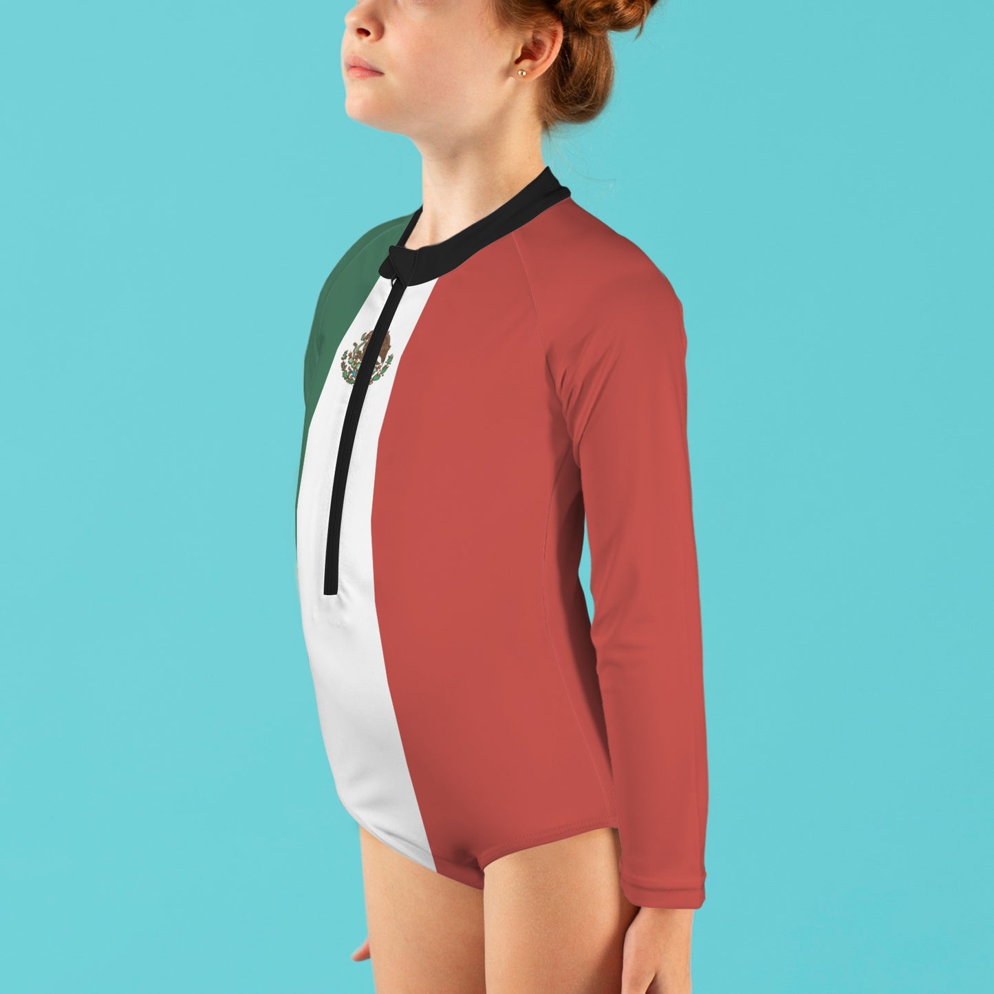 Mexico Flag Inspired Big Girls' Long Sleeve One-Piece Swimsuit